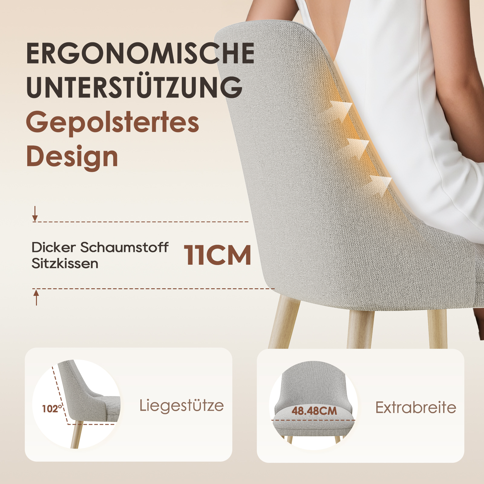 Ergonomische Stuhlunterstützung mit gepolstertem Design, 11cm Sitzkissen.