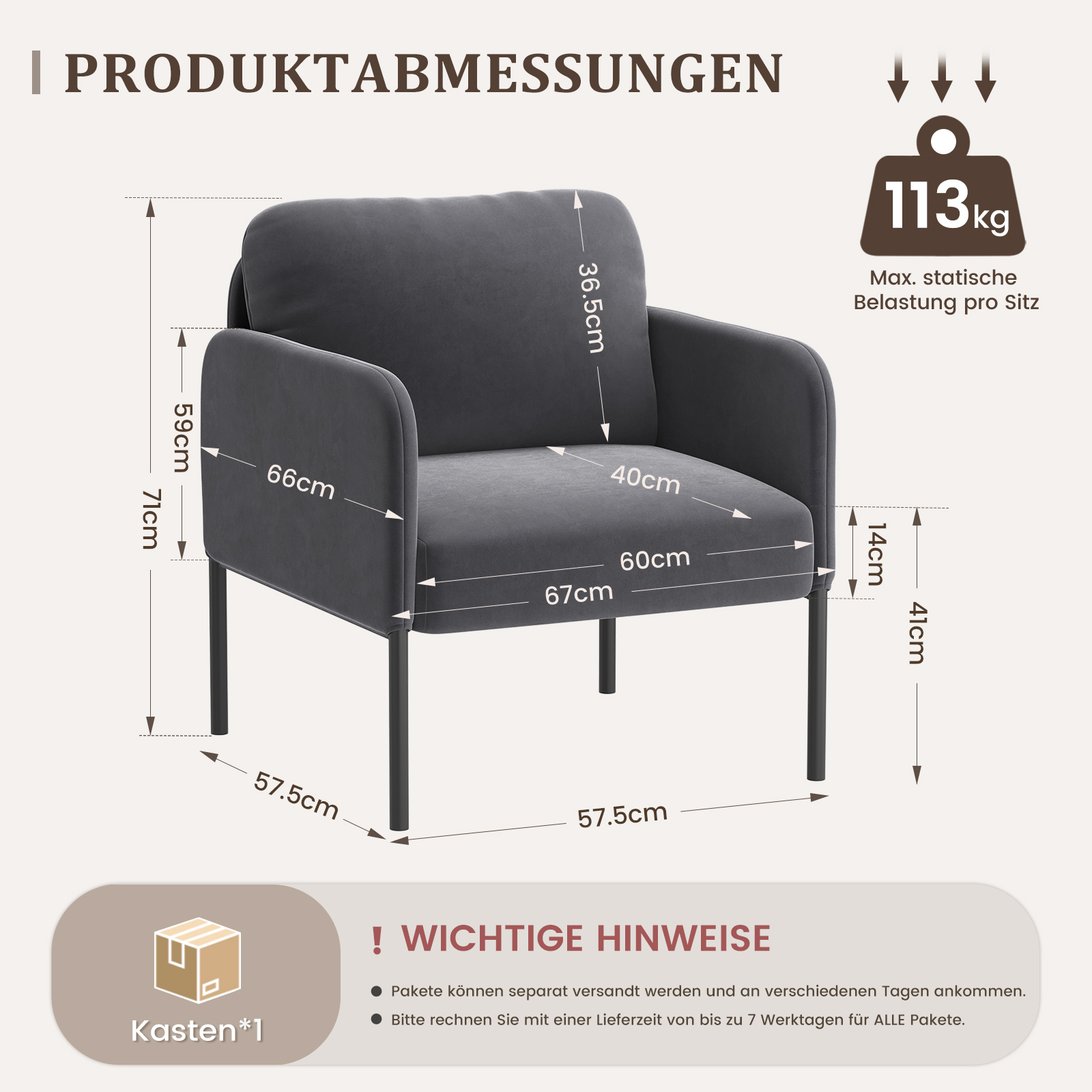 Poltrona grigia con dimensioni e carico massimo di 113 kg.