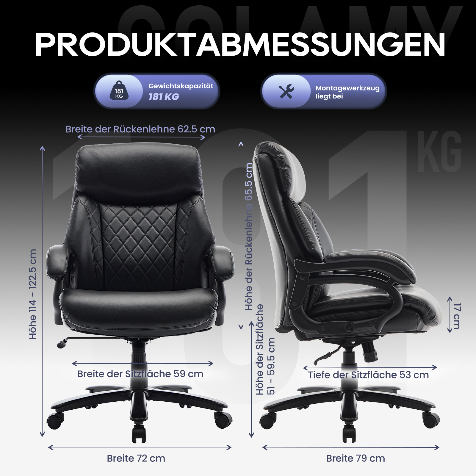 Silla de oficina negra con dimensiones: Alto 114-122,5cm, Ancho 72cm. Capacidad 181kg.