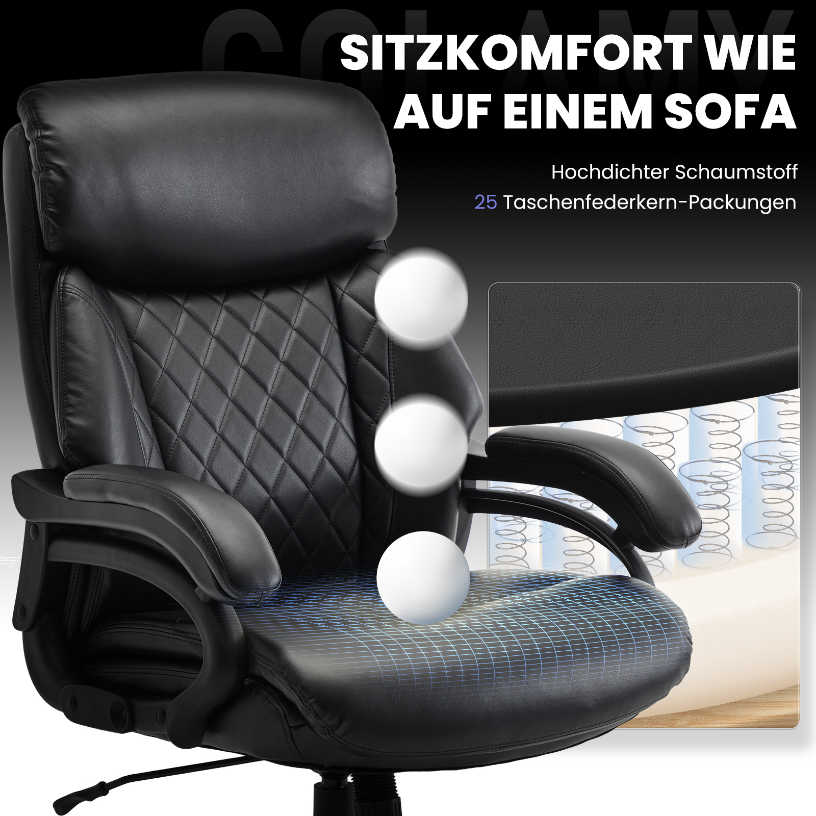 Silla de oficina negra con asiento acolchado y resortes visibles debajo.