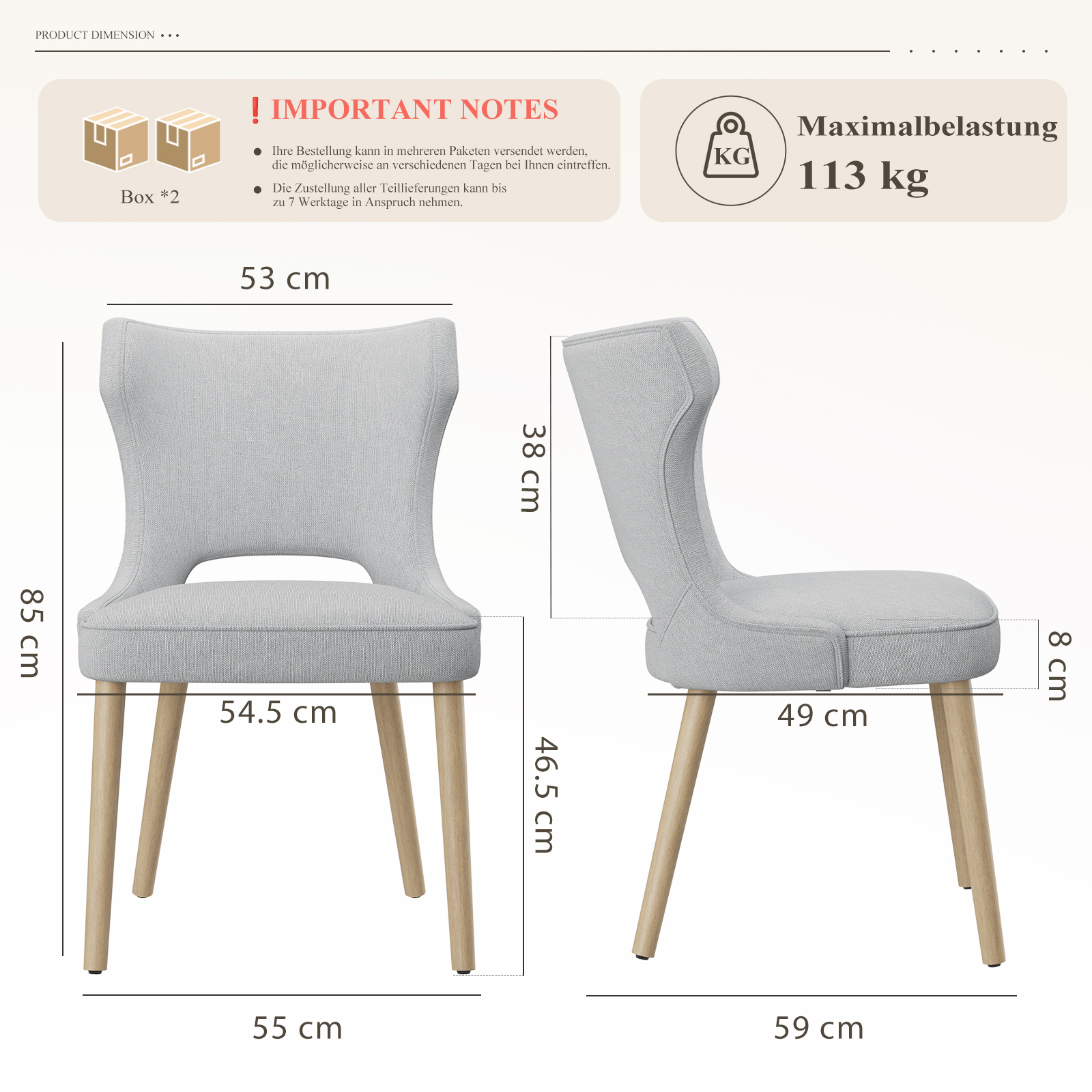 Una sedia grigia con gambe in legno mostrata frontalmente e lateralmente, con dimensioni.