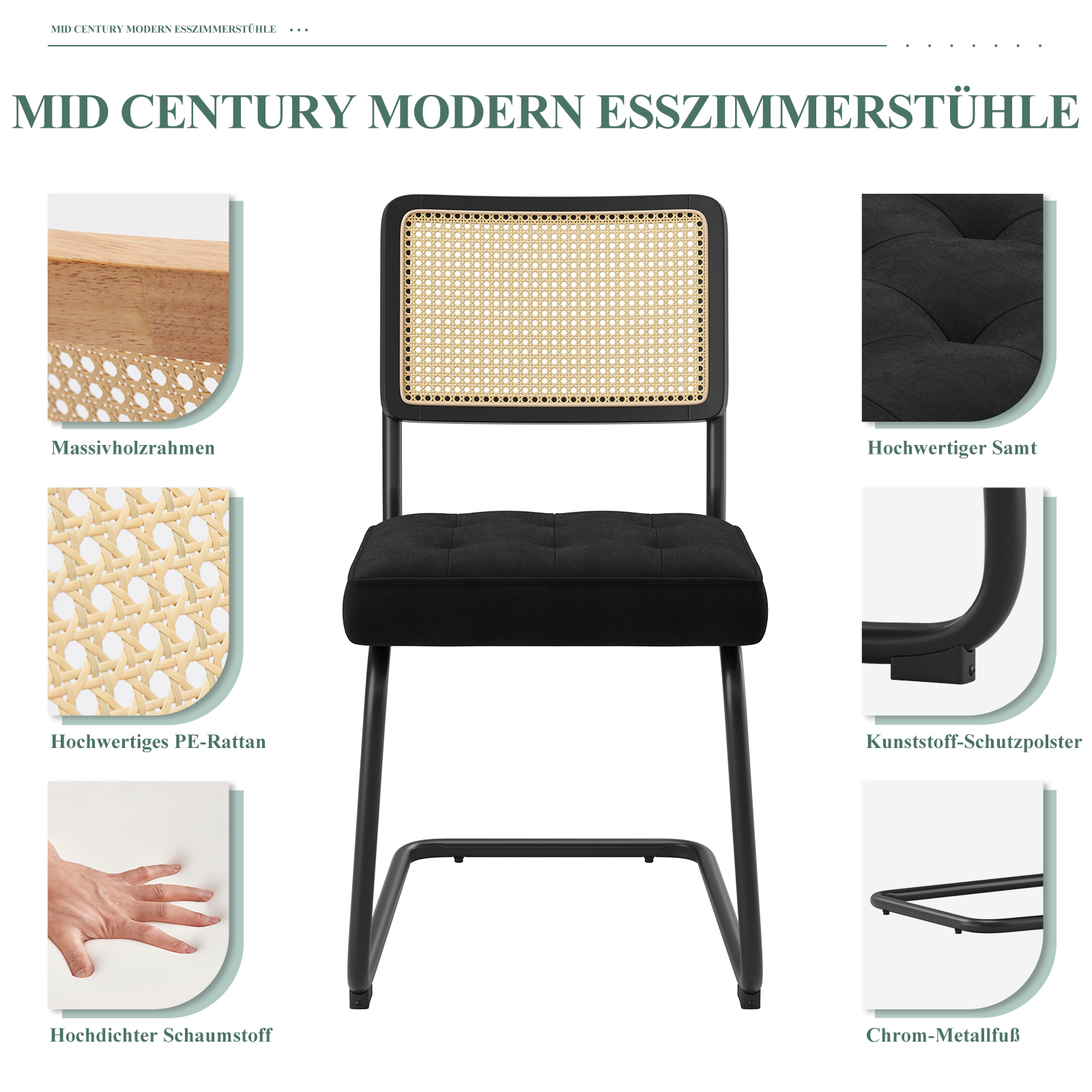 Moderner Esszimmerstuhl mit Rattanlehne, schwarzem Samtsitz und Metallfuß.