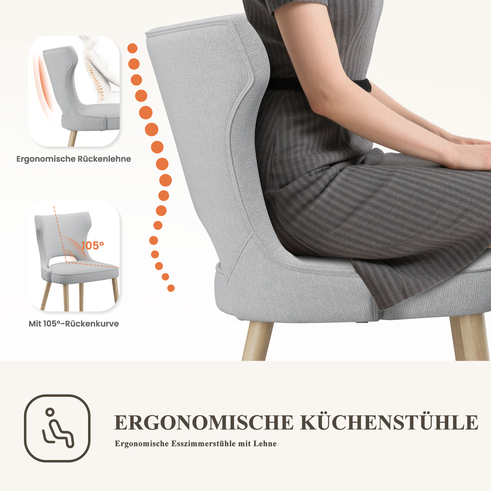 Sedia grigia con schienale ergonomico e curva di 105°.