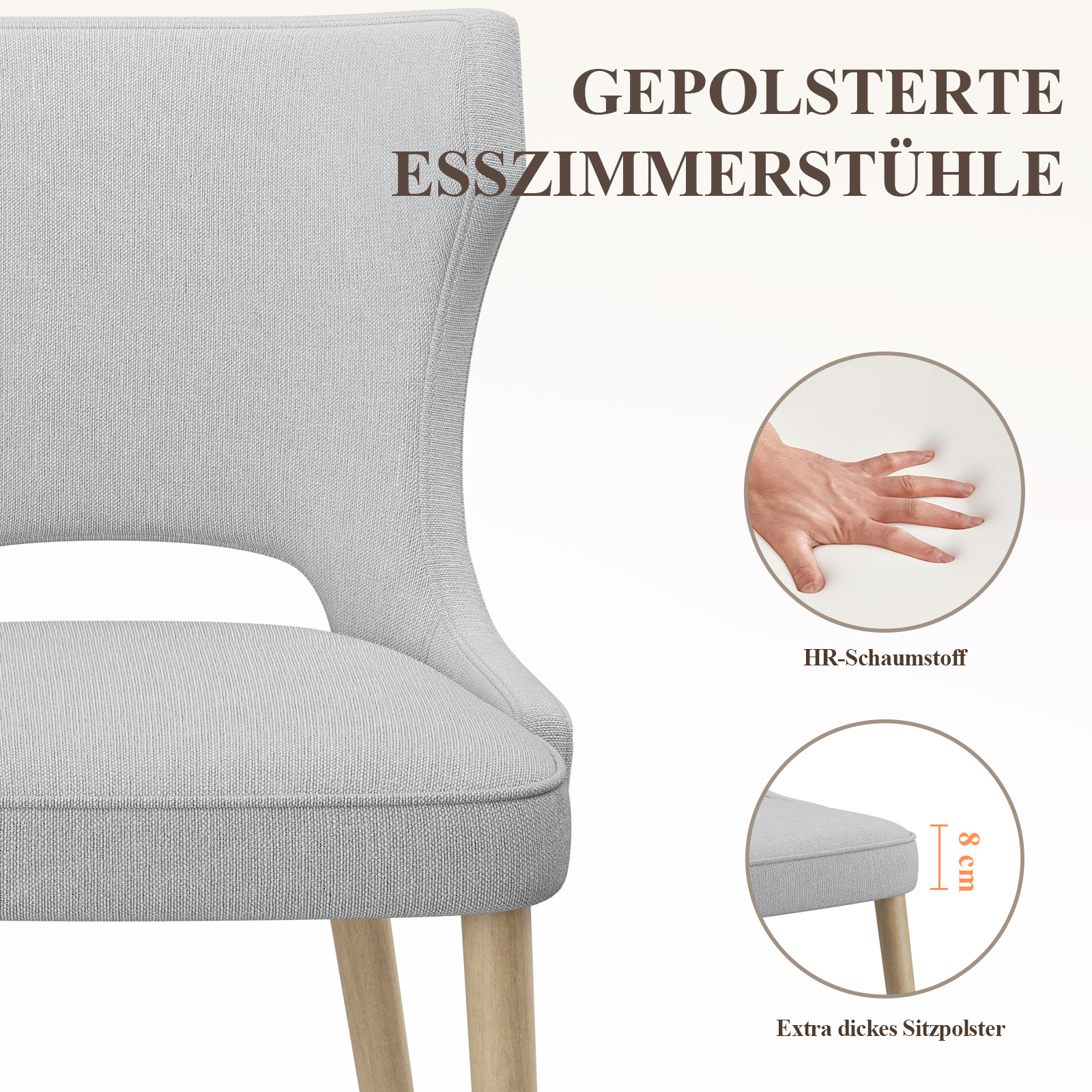 Sedia imbottita con gambe in legno e cuscino seduta spesso 8 cm.