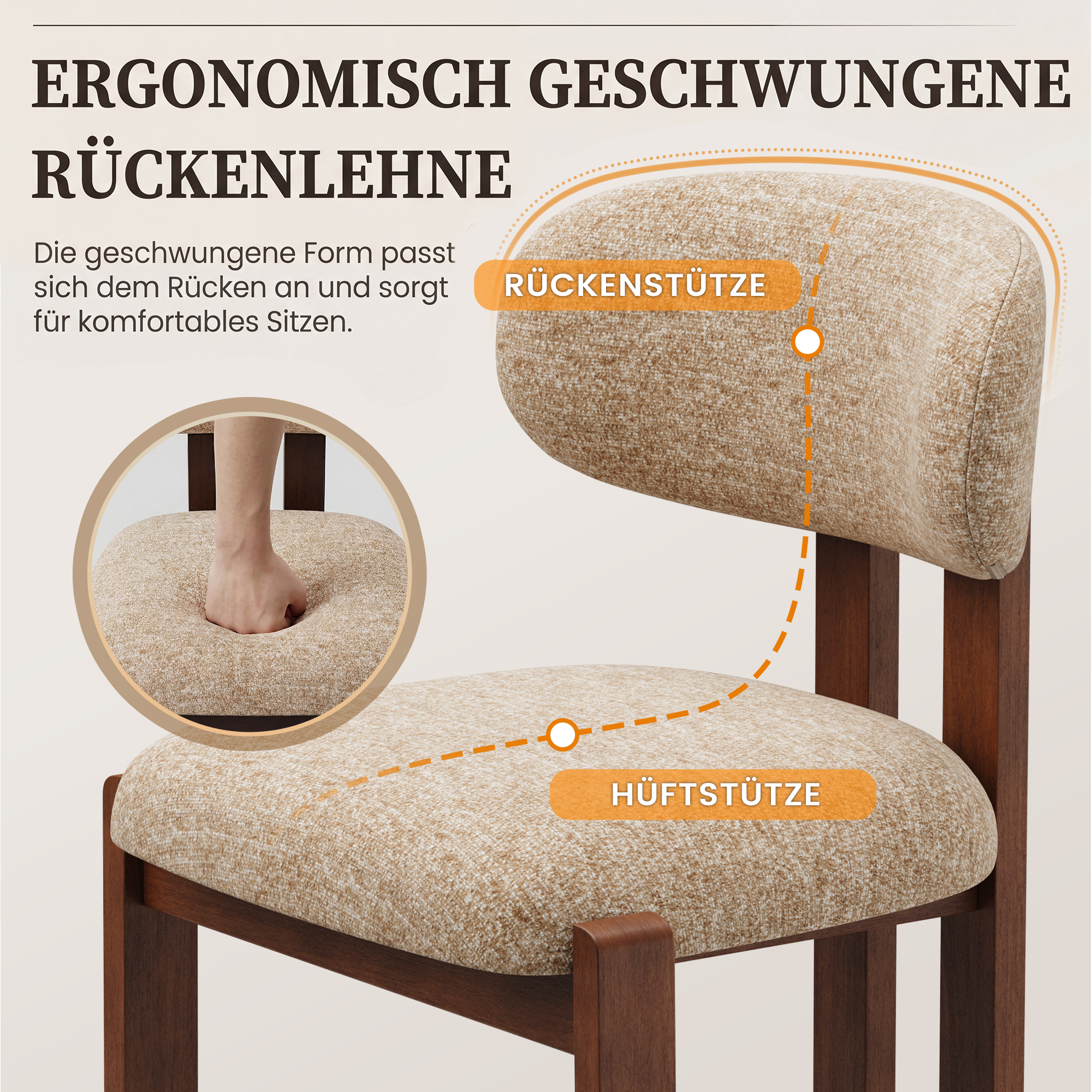 Ergonomische Stuhllehne mit Rücken- und Hüftstütze. Beige Stoffpolsterung.
