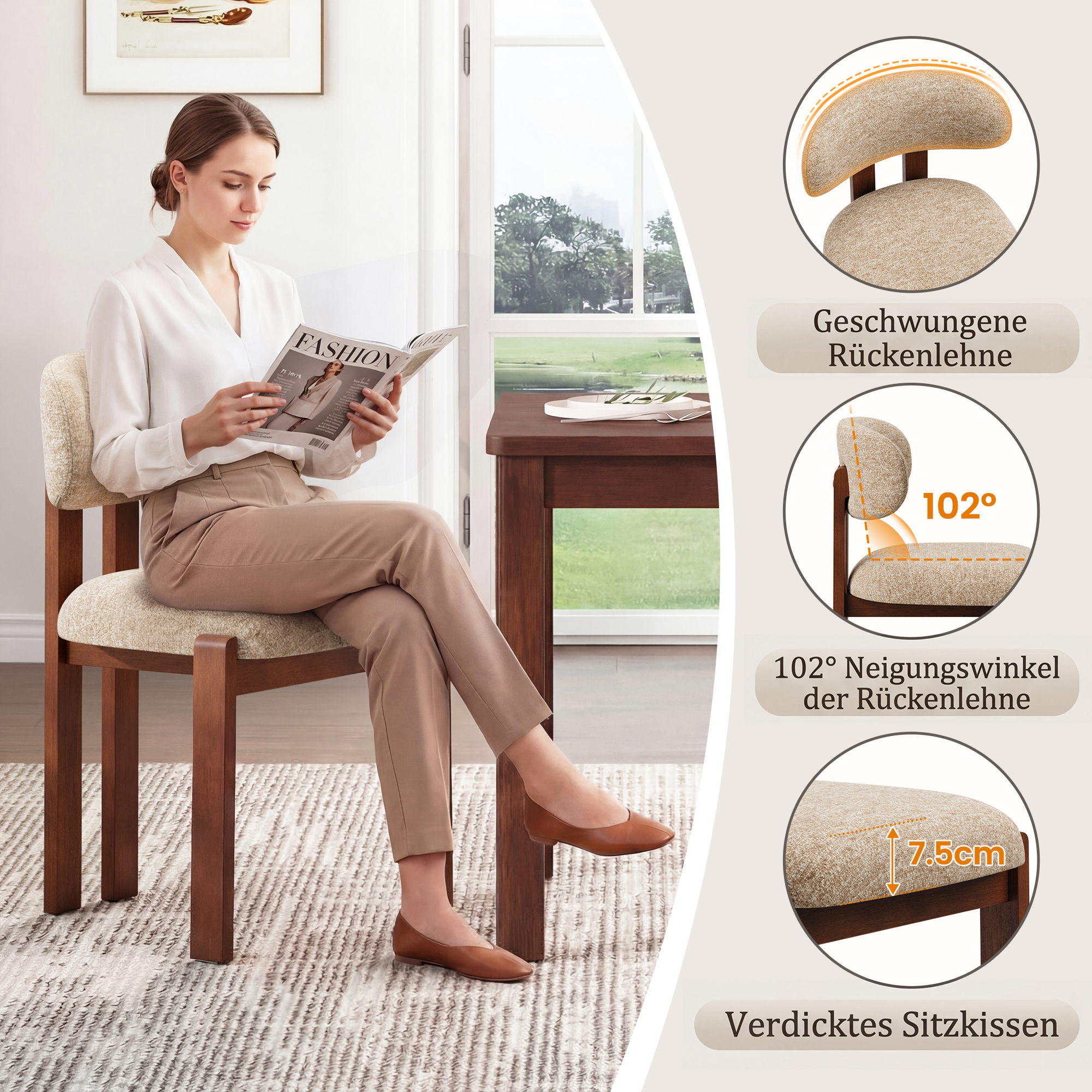 Eine Frau liest ein Magazin auf einem Holzstuhl mit beigem Stoffpolster.