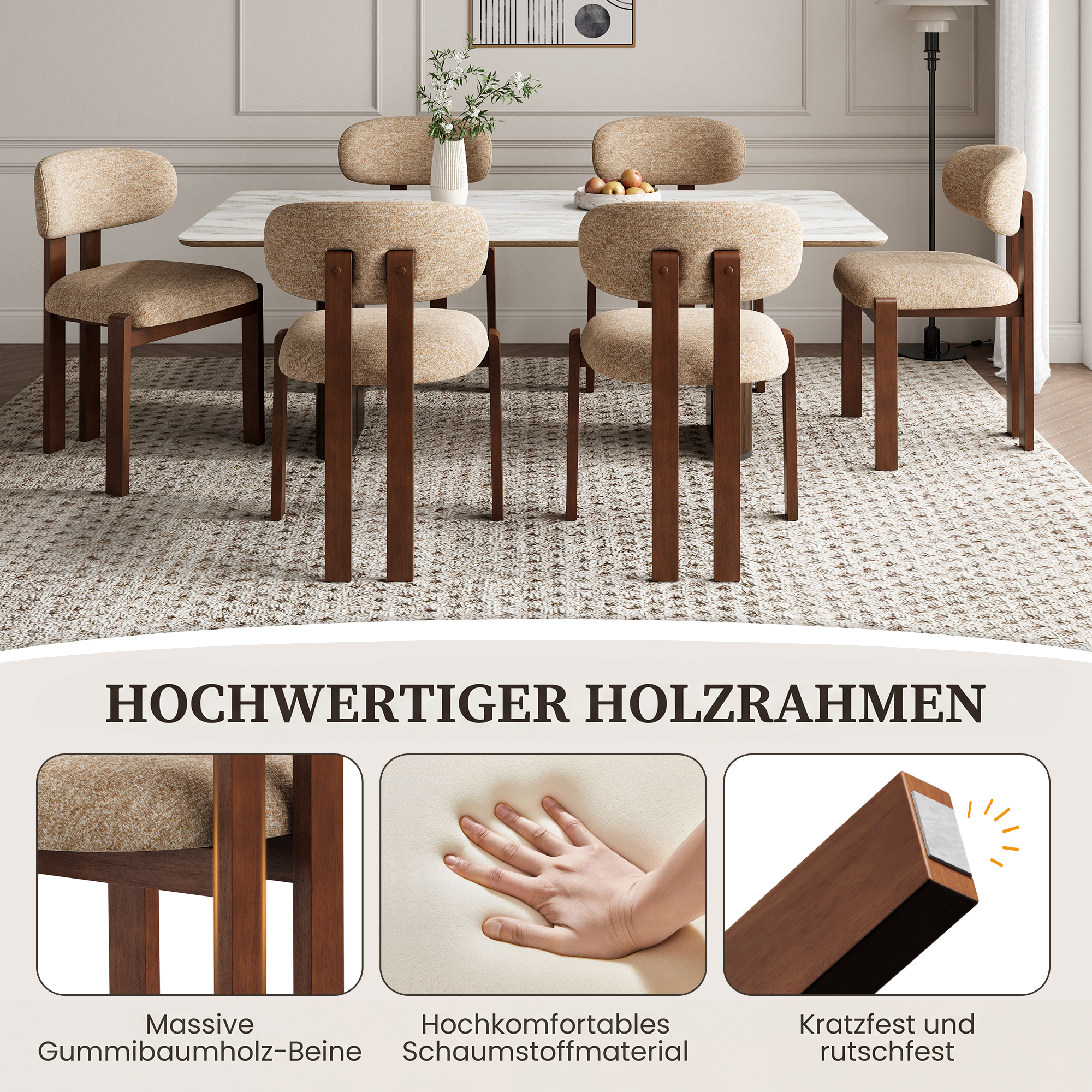 Esszimmer mit Marmortisch, vier Stühlen, Teppich und Lampe.