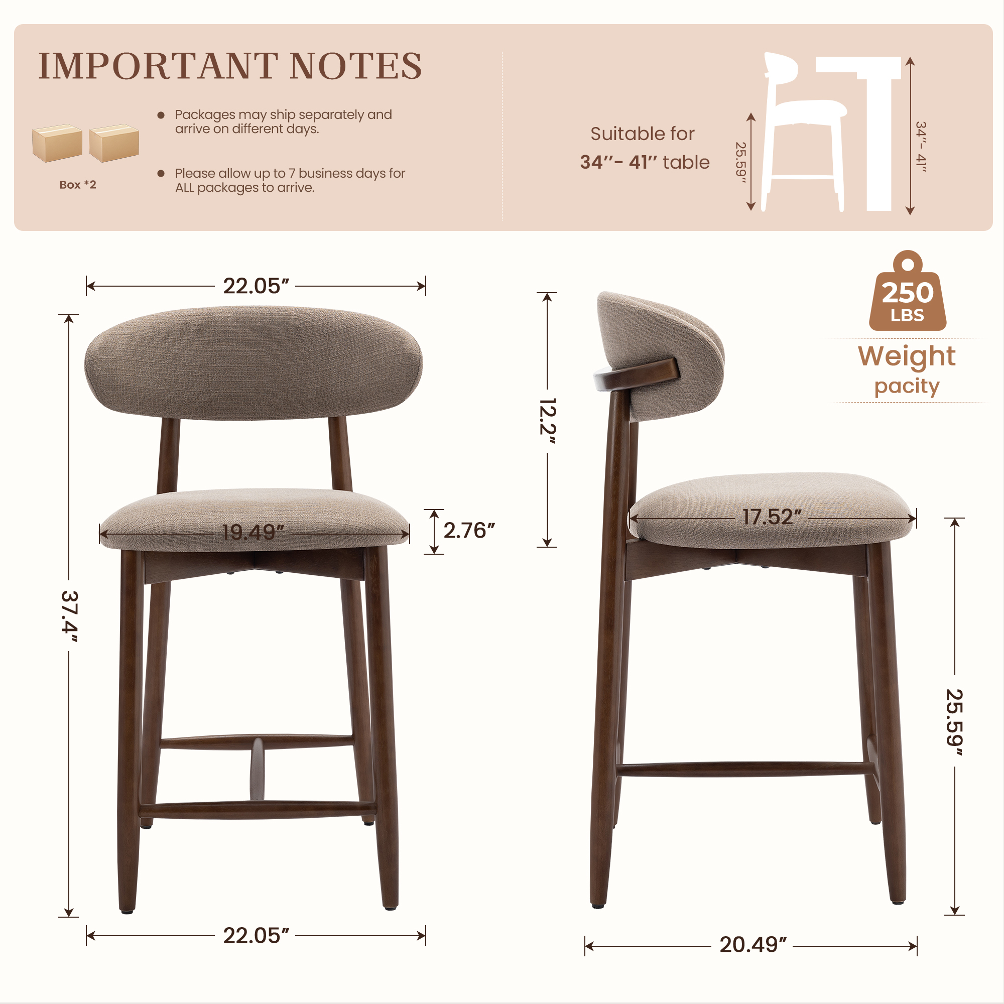Due sgabelli da bar marroni imbottiti con gambe in legno, dimensioni indicate.