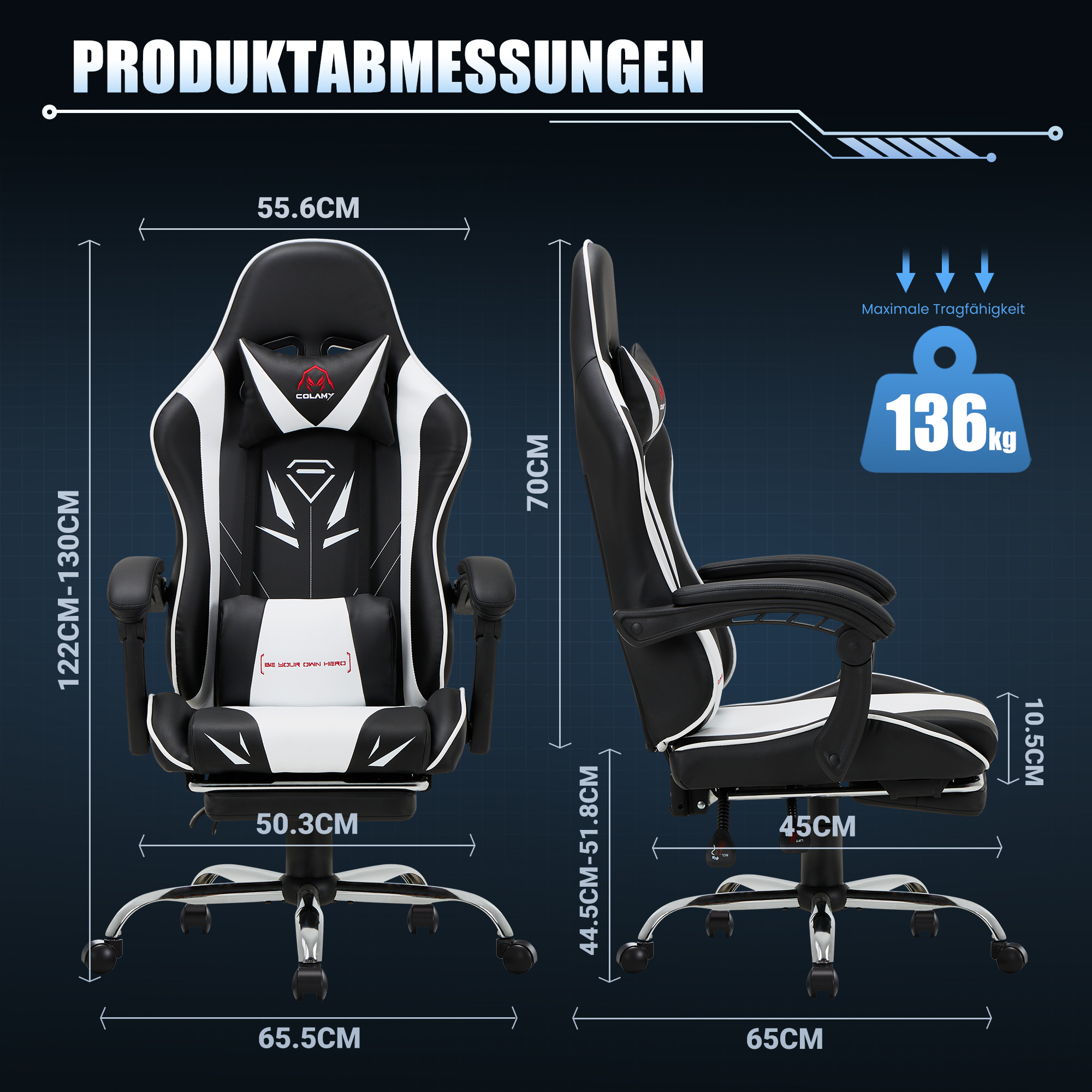 Silla gaming con dimensiones: alto 122-130cm, ancho 55.6cm, fondo 44.5-51.8cm.