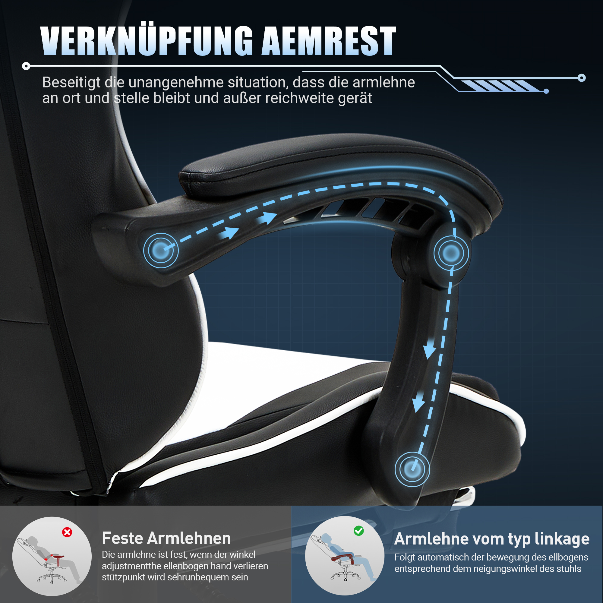 Reposabrazos de silla gamer: fijos vs. ajustables. Con flechas azules.