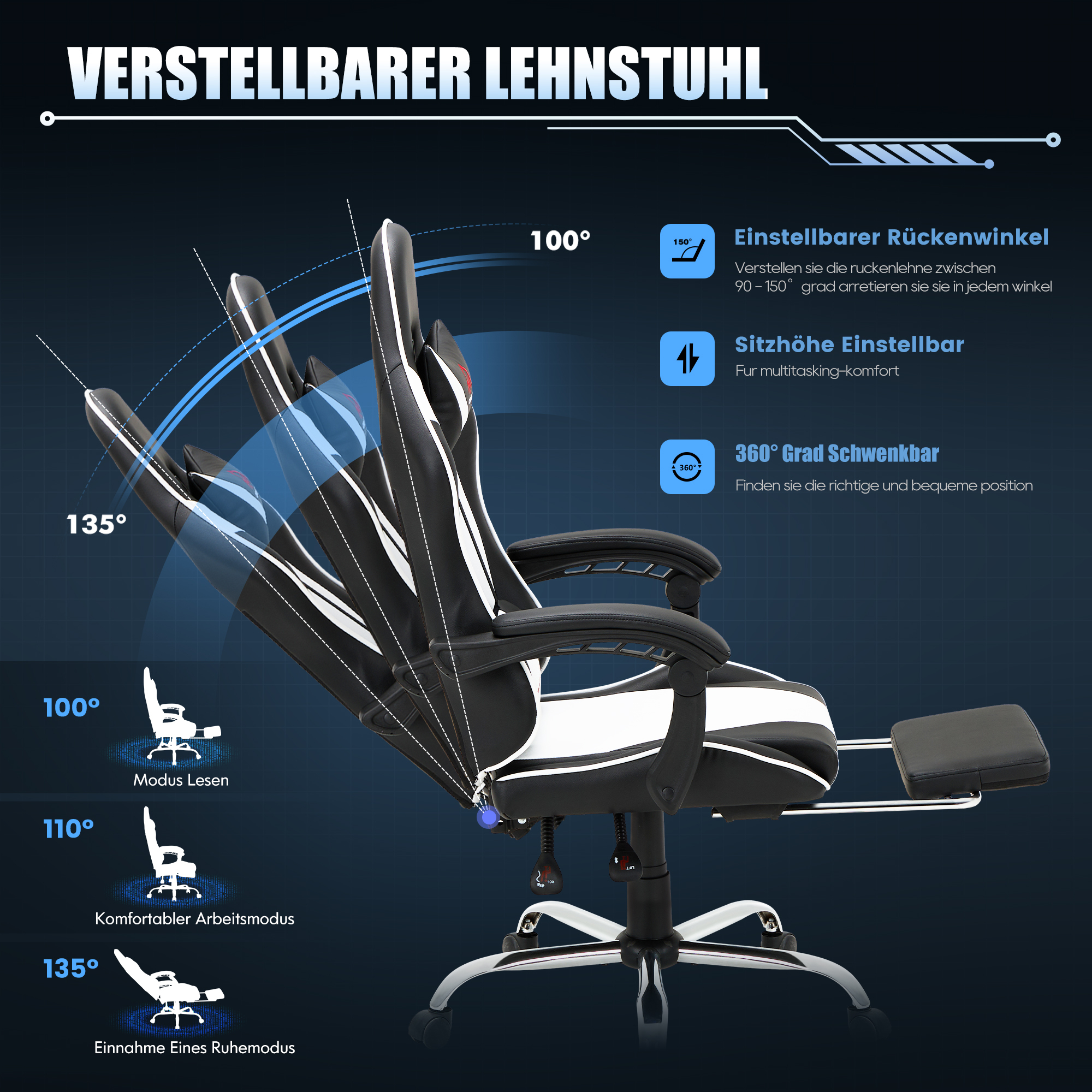 Una silla de oficina ajustable que muestra el ángulo del respaldo, la altura del asiento y giro 360.