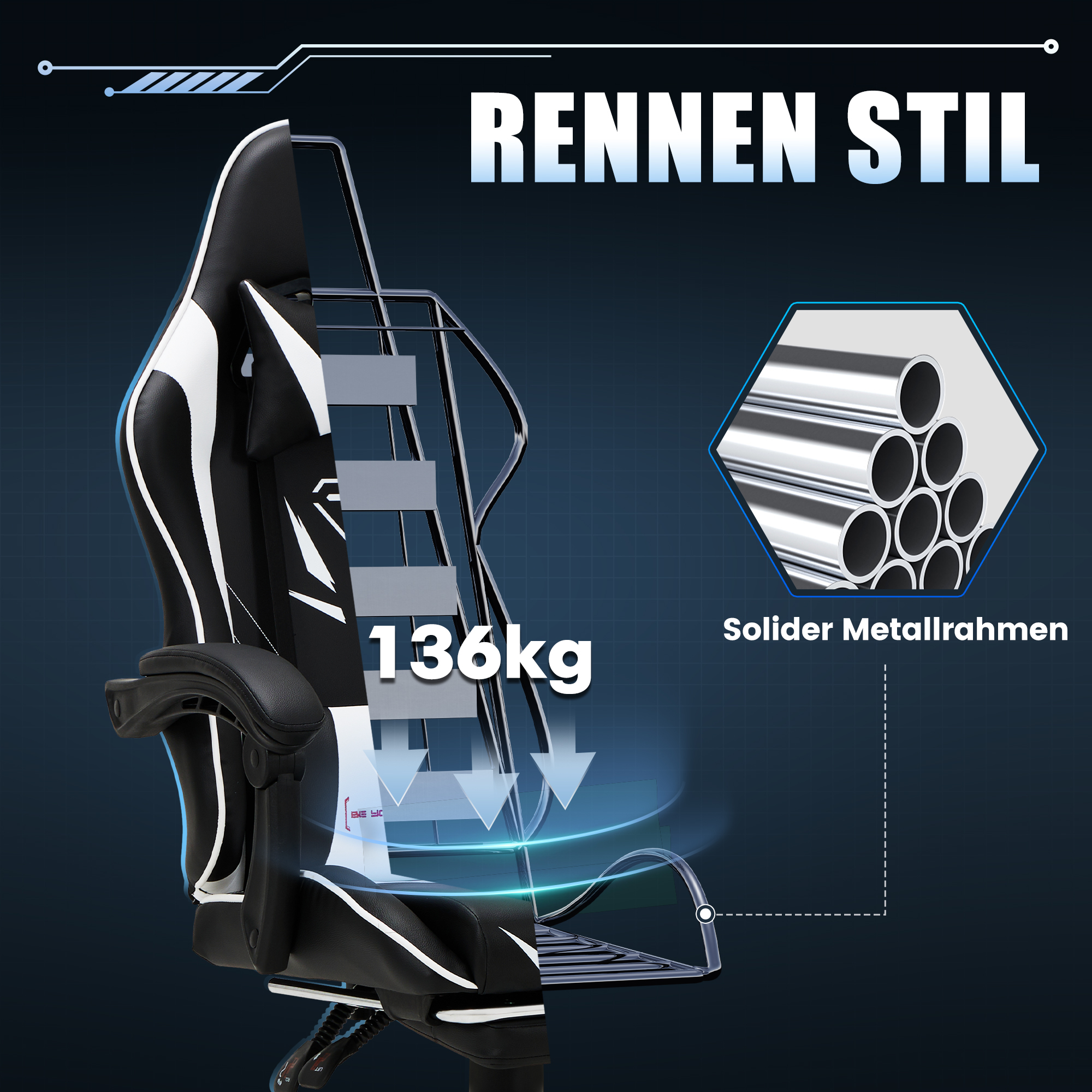 Silla gamer negra con diseño de rayas blancas, capacidad de 136 kg y marco metálico.