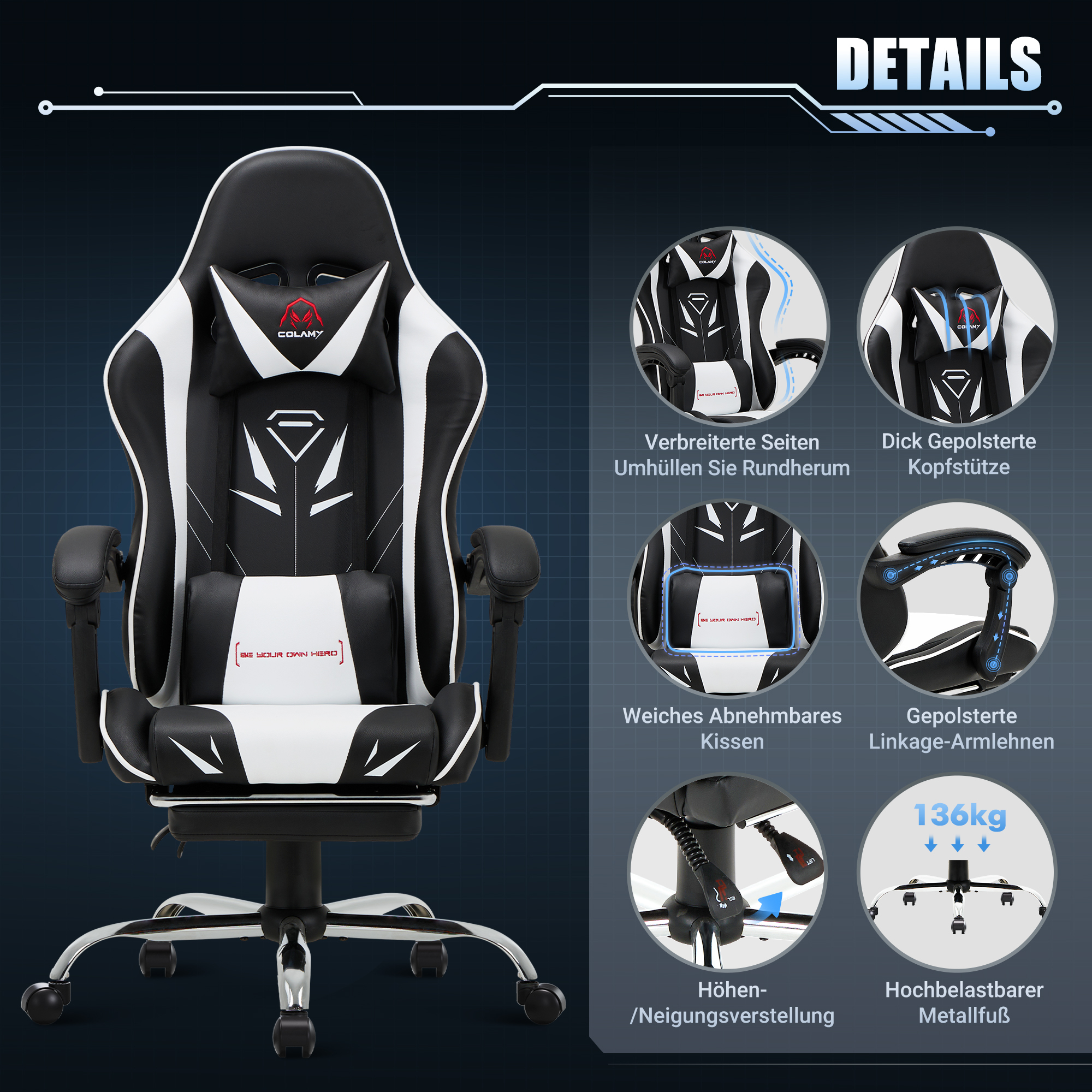 Silla gaming negra y blanca con detalles de acolchado y ajustabilidad.