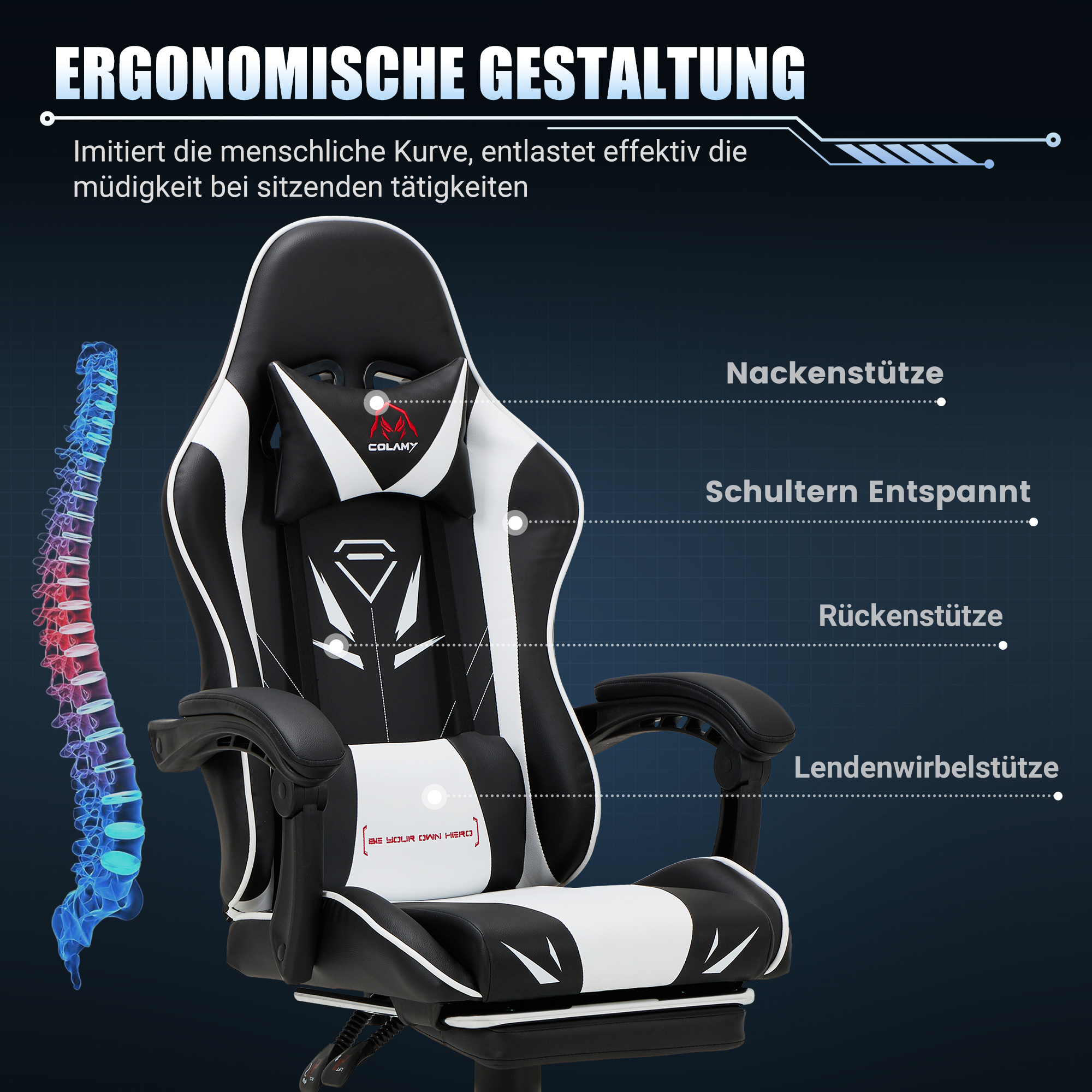 Silla ergonómica con soporte para cuello, hombros, espalda y lumbares.