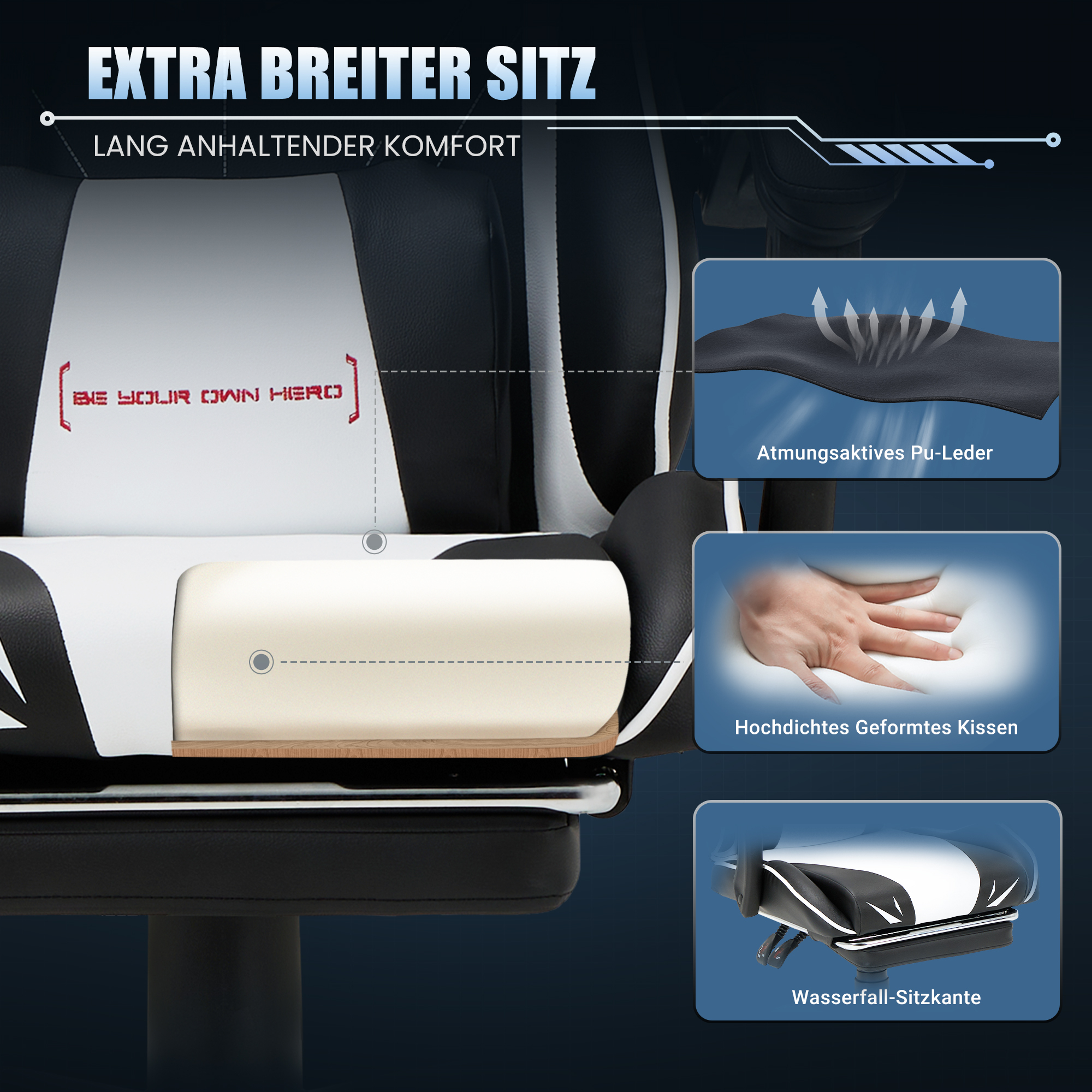 Silla gaming con "Asiento extra ancho" y "Confort duradero".