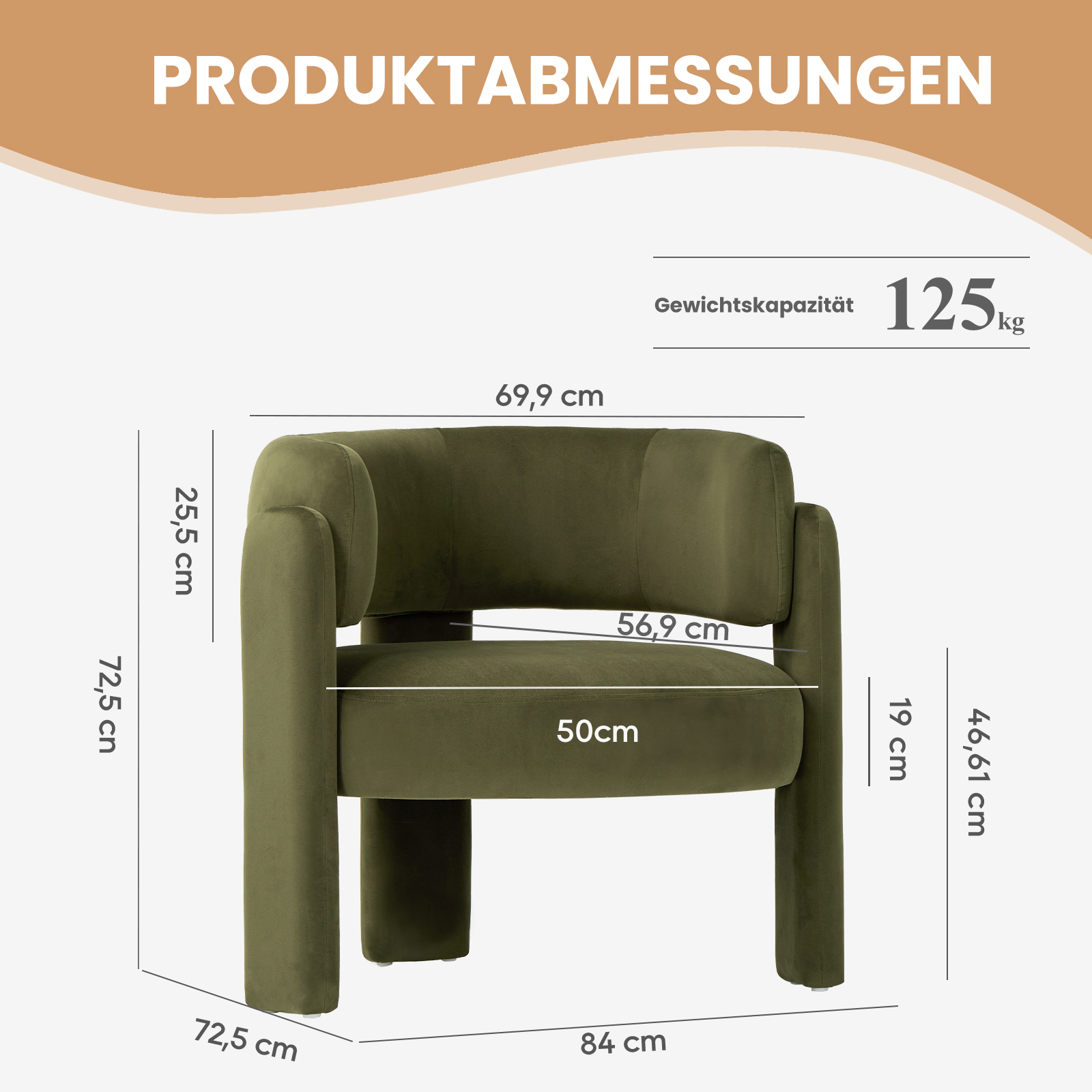 Ein grüner Sessel mit Maßen: 69,9 cm breit, 72,5 cm hoch, 84 cm tief.
