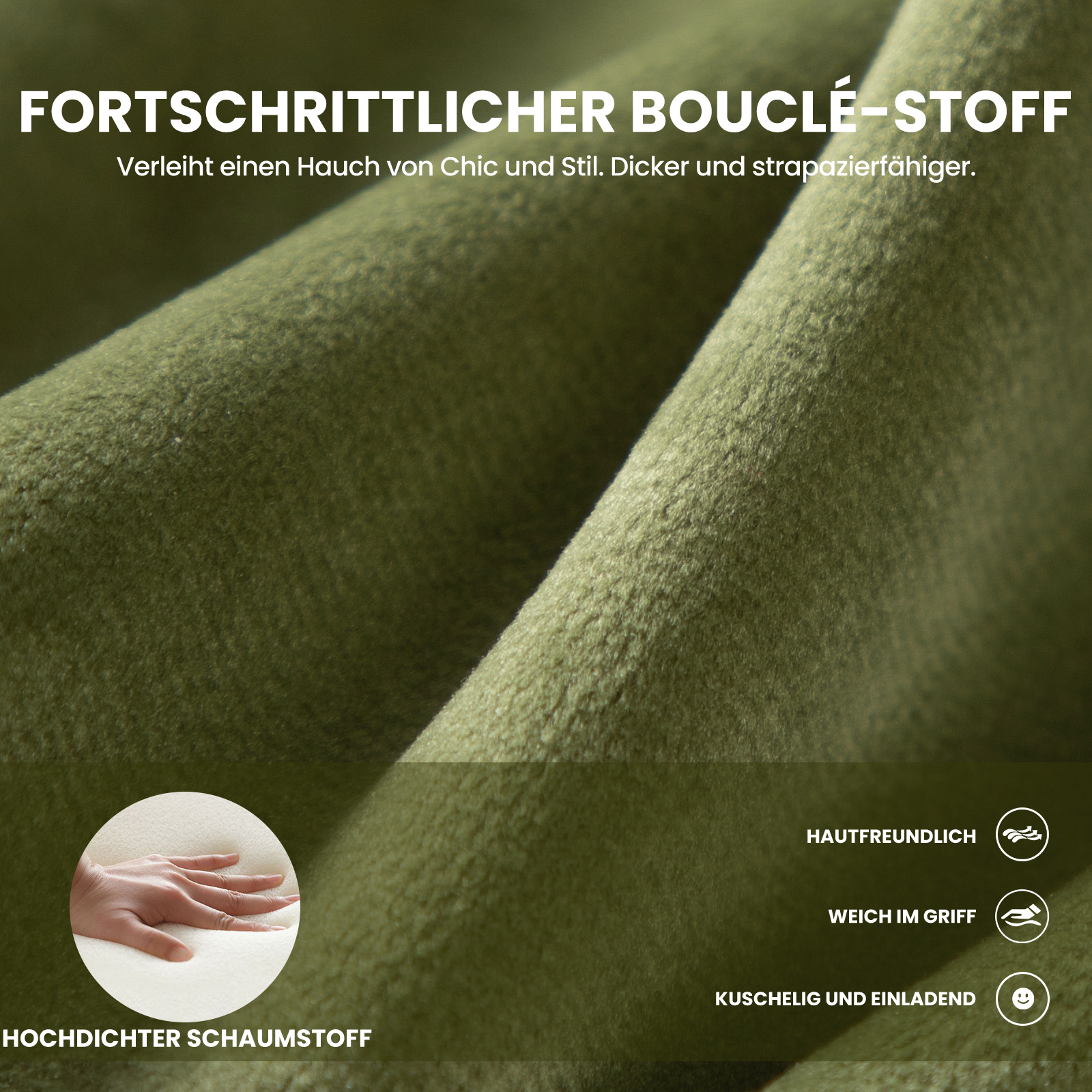 Grüner Bouclé-Stoff mit Text-Overlay, das Eigenschaften hervorhebt.