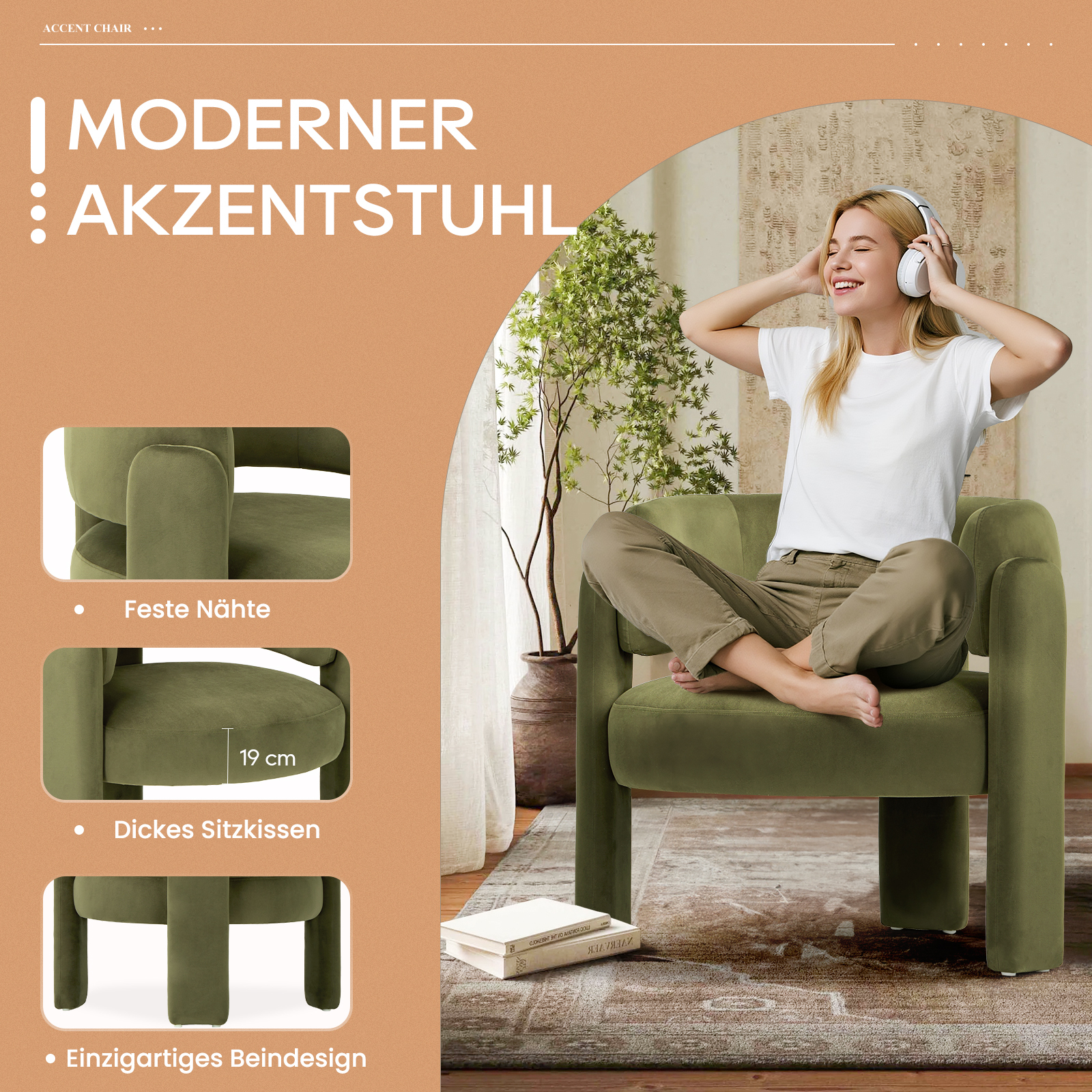 Grüner Akzentstuhl mit bequemer Sitzfläche und einer Frau mit Kopfhörern.
