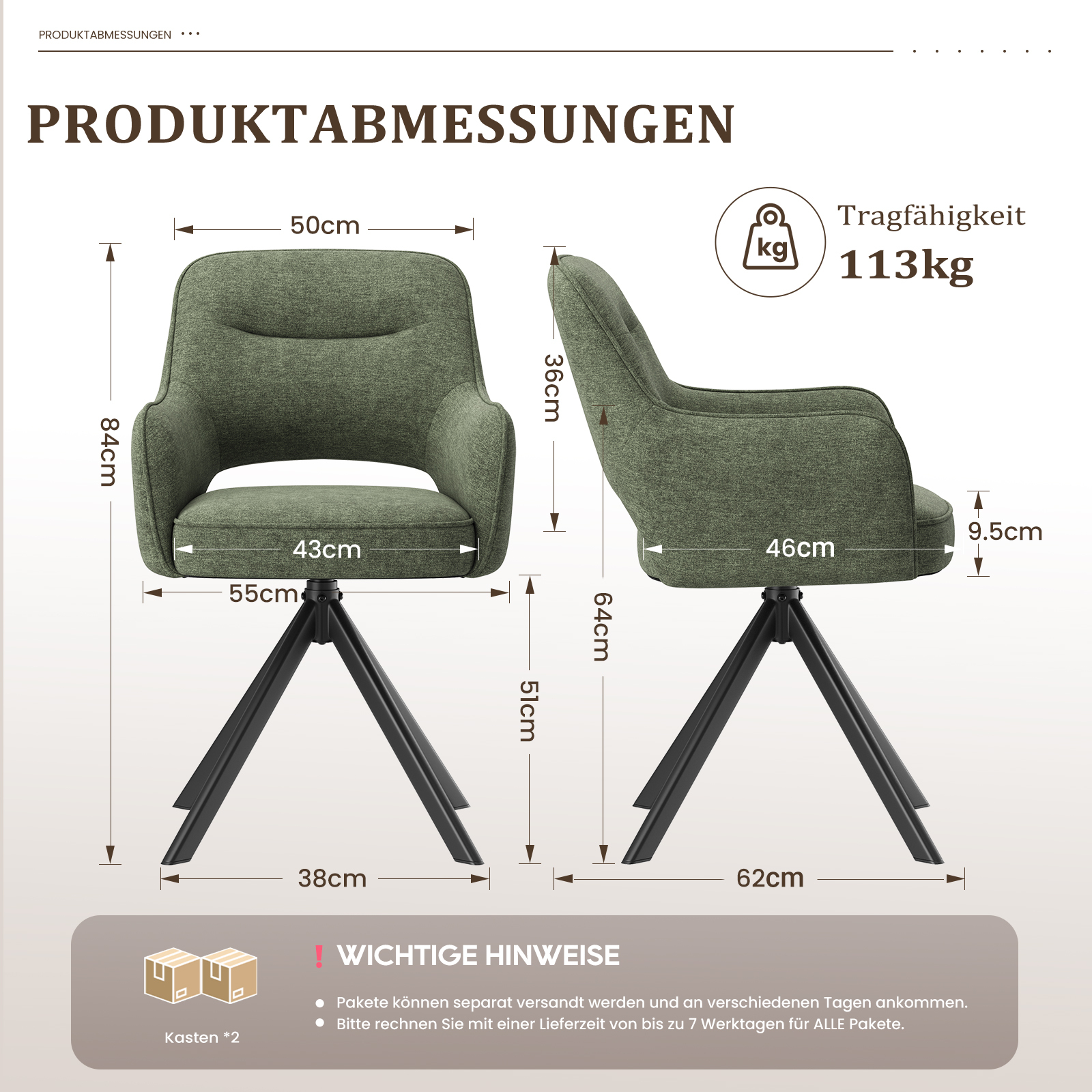 Poltrona verde con dimensioni: 84x50x55cm. Portata 113kg.