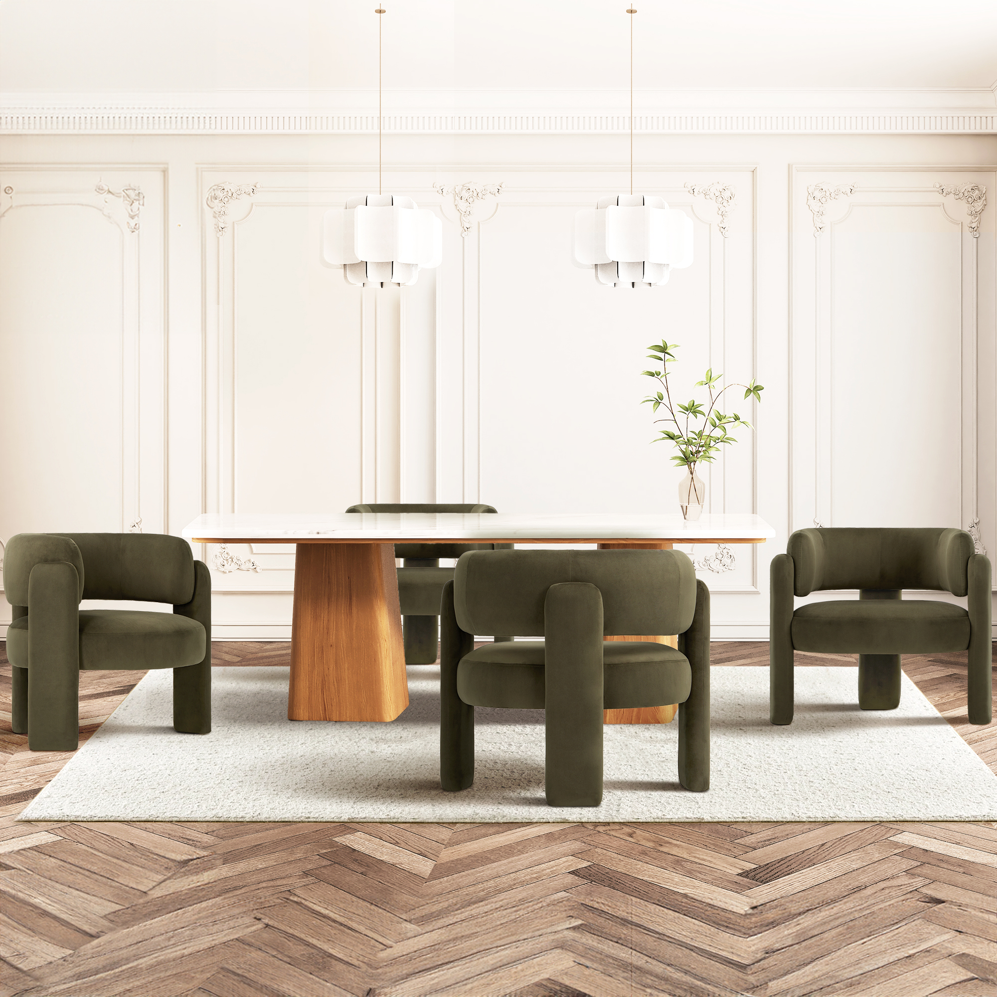 Ein Esszimmer mit vier Olivgrünen Stühlen, einem weißen Tisch und Wandverkleidung.