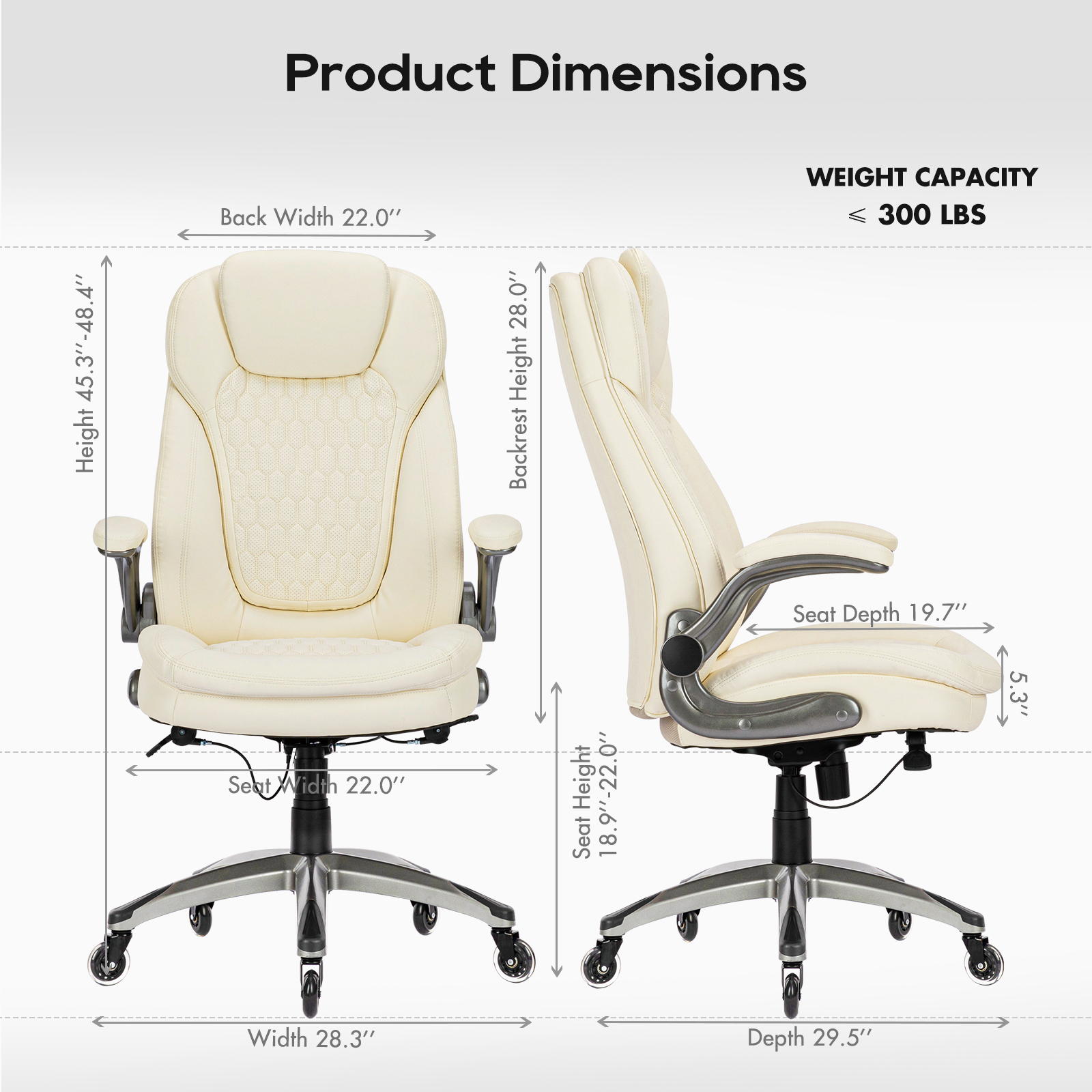 Dimensiones del producto: Silla de oficina color crema, 71,9 cm An, 115,1-122,9 cm Al, 136 kg capacidad.