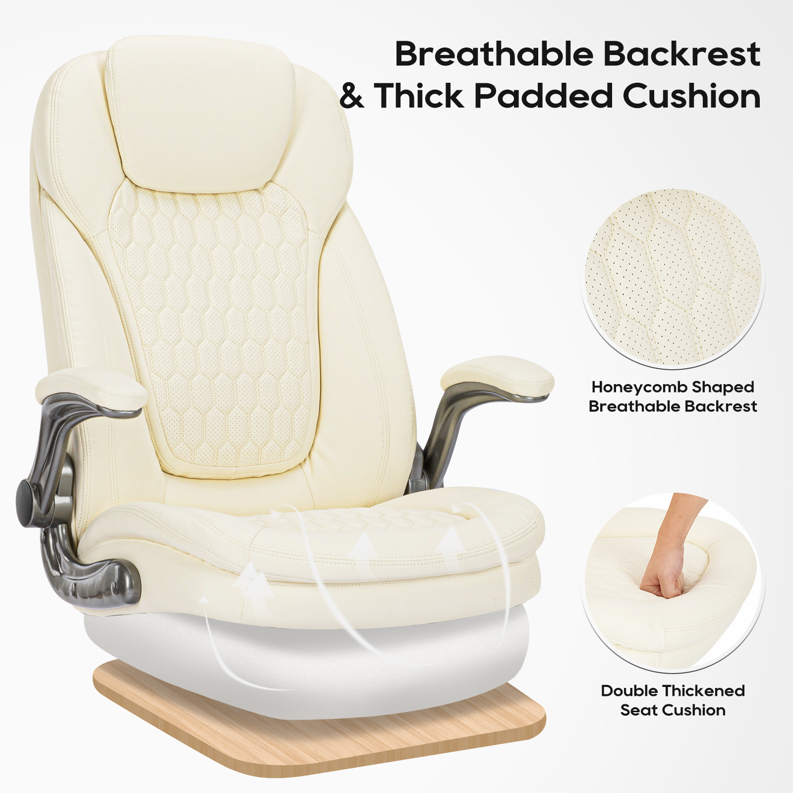 Silla de oficina color crema con respaldo y asiento acolchados.
