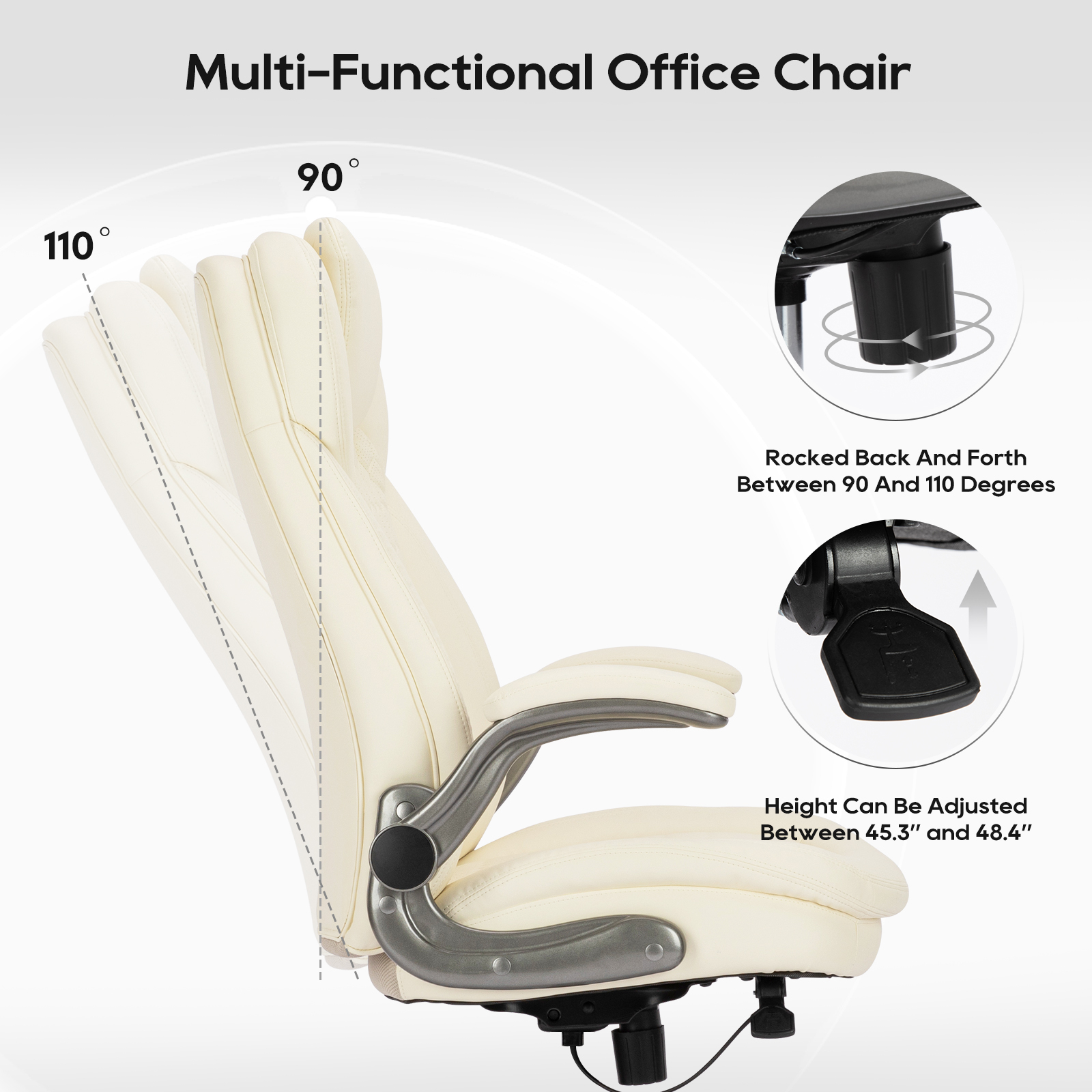 Una silla de oficina color crema con respaldo y altura de asiento ajustables.