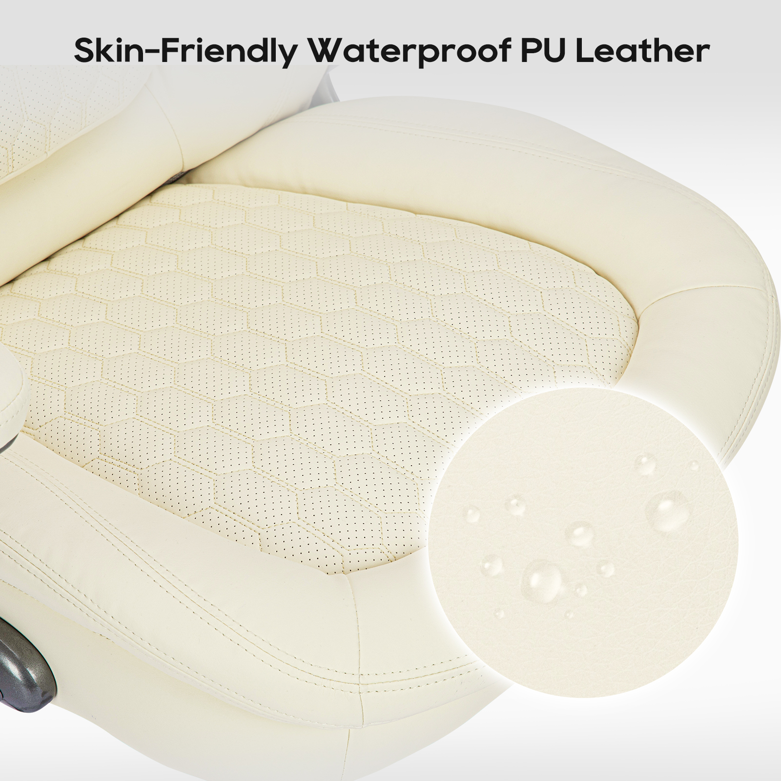 Primer plano de silla de cuero PU color crema con patrón hexagonal perforado. Gotas de agua visibles en el material.