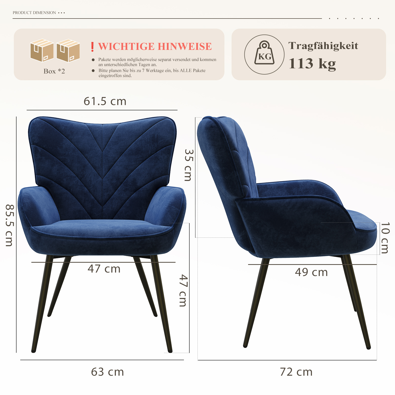 Una poltrona blu con dimensioni e informazioni sulla capacità di carico.