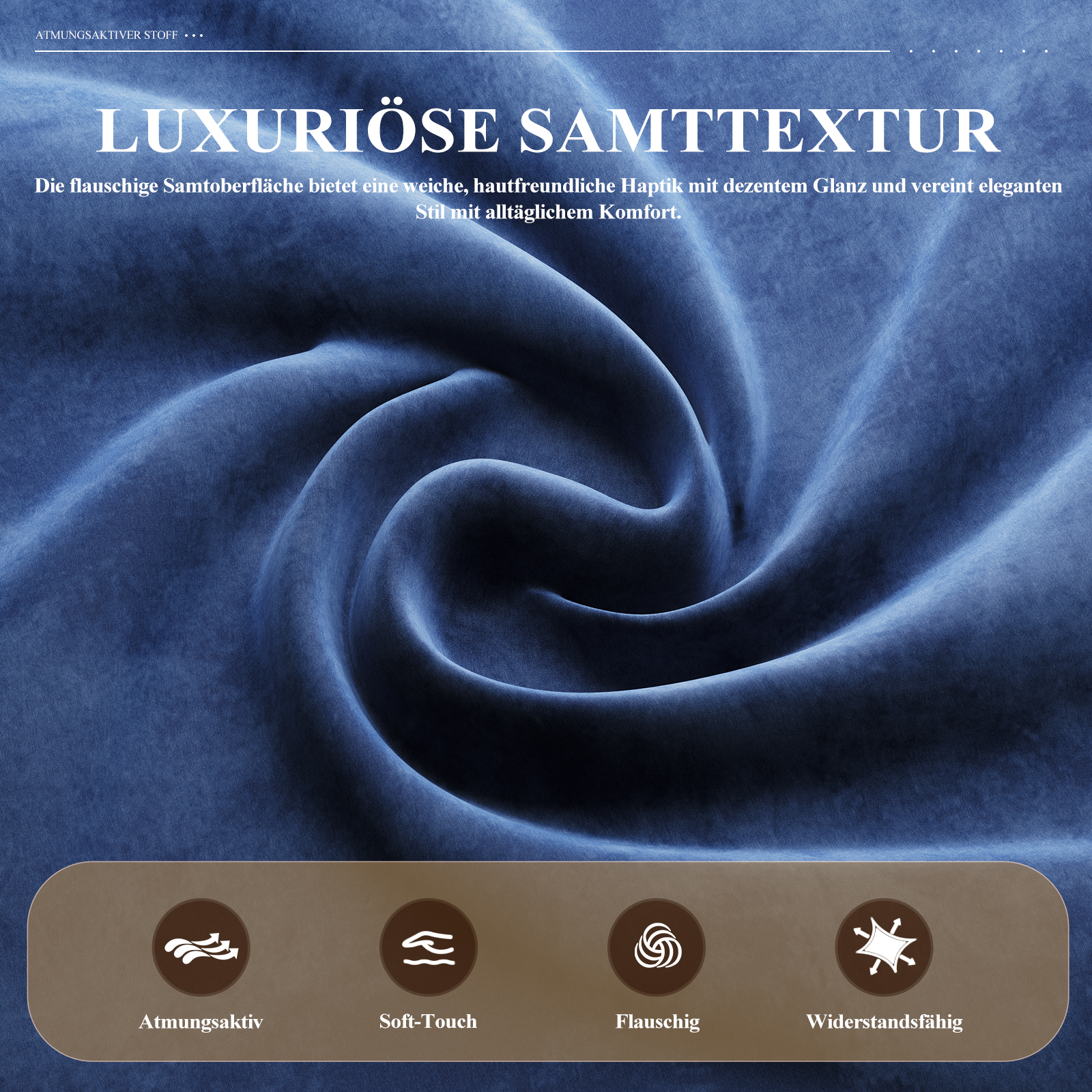 Texture velluto blu con testo e icone traspirante, morbido al tatto, soffice.