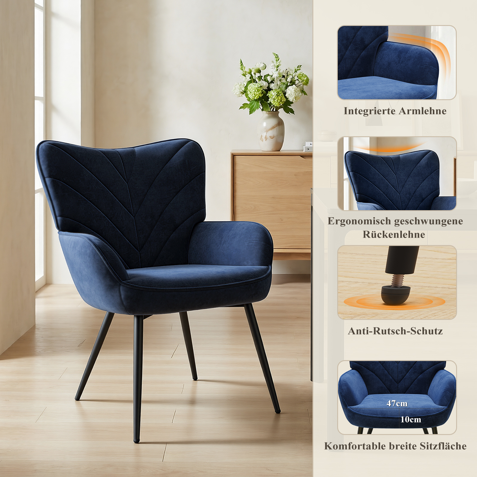 Una poltrona blu scuro con braccioli imbottiti e schienale curvo.