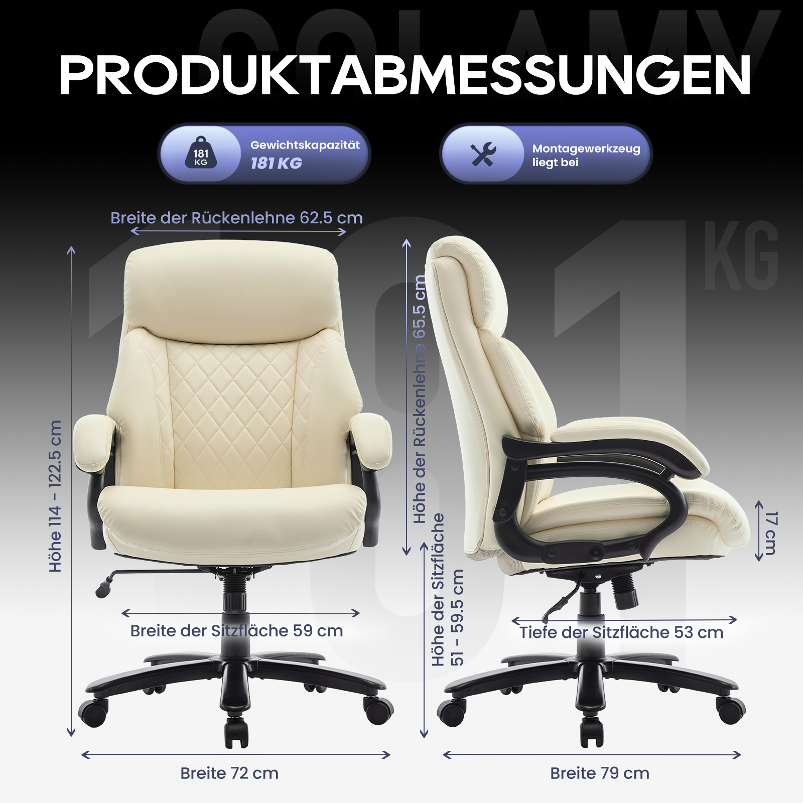 Silla de oficina con dimensiones: Alto 114-122.5cm, Ancho 72cm.