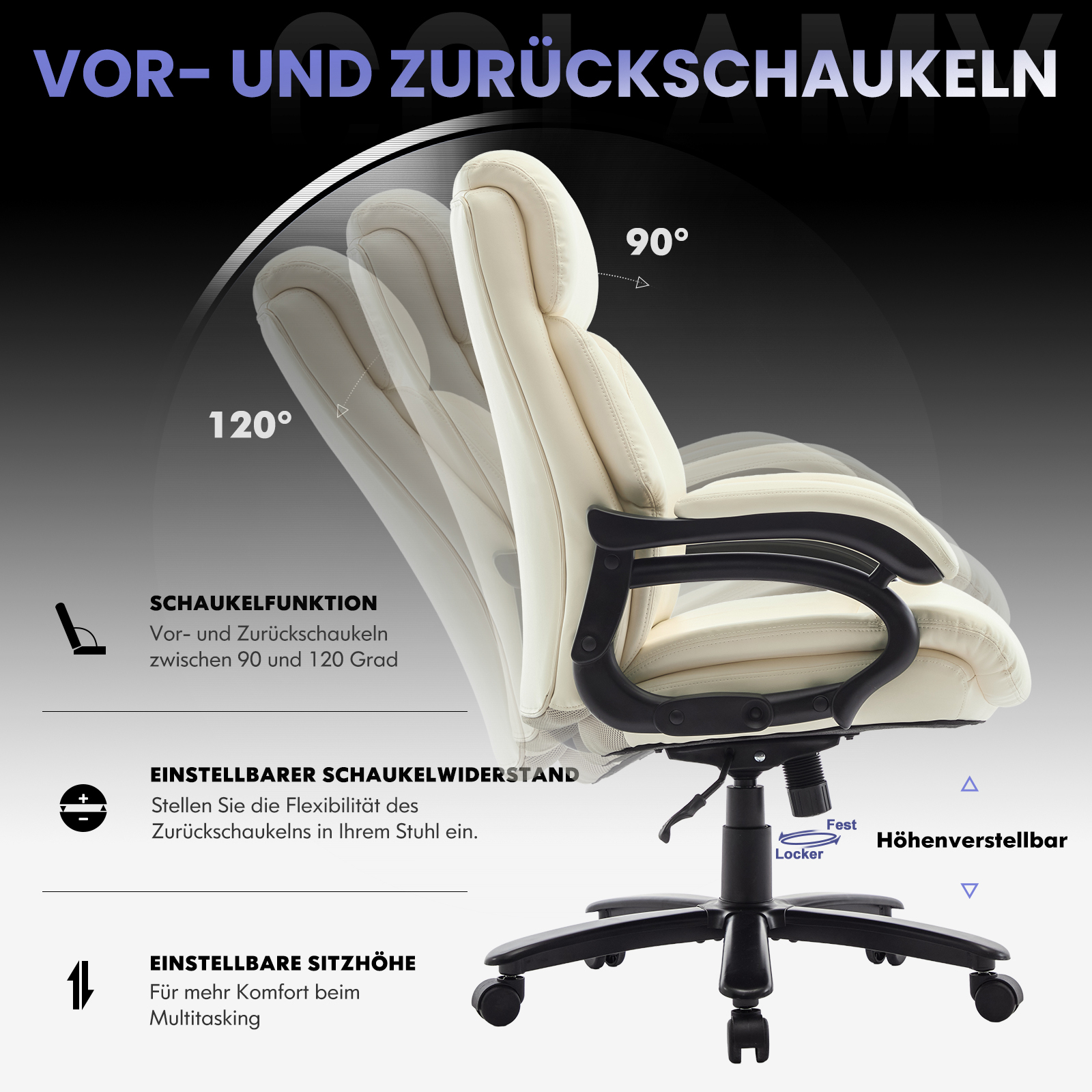 Un sillón de oficina color crema con inclinación ajustable entre 90 y 120 grados.