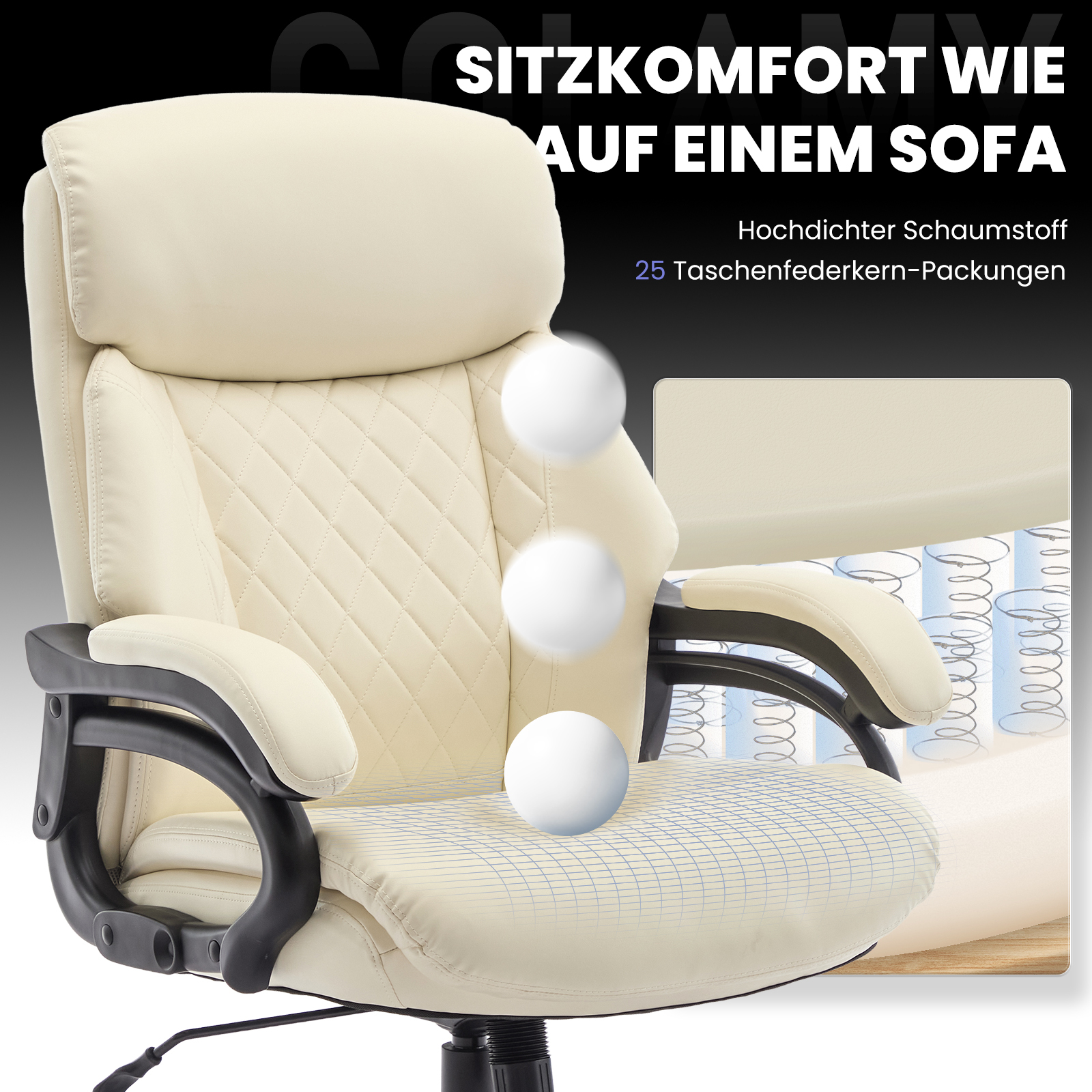 Una silla de oficina color crema con asiento y respaldo acolchados, reposabrazos y resortes visibles.