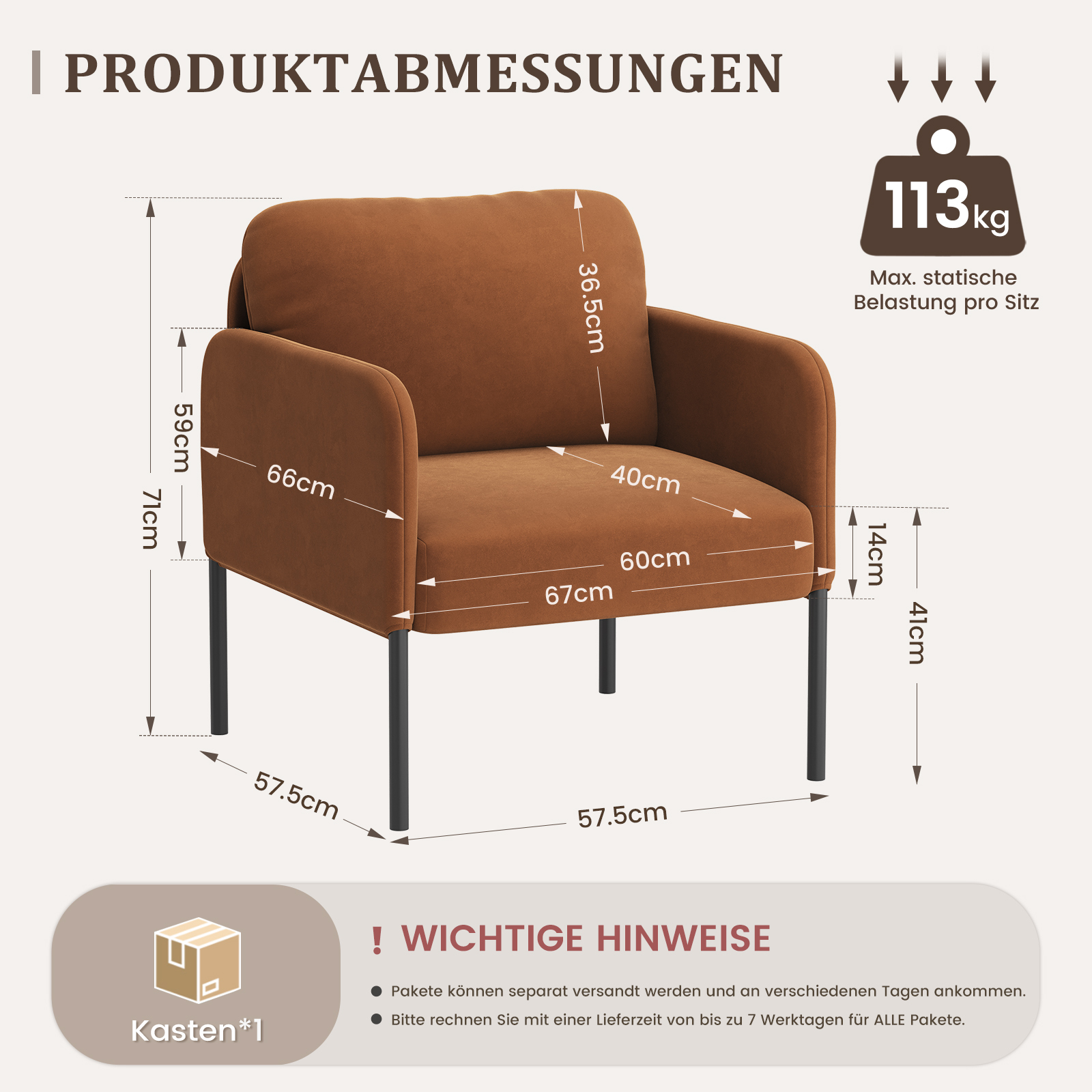 Poltrona marrone con dimensioni e limite di peso di 113 kg. Include note di consegna.