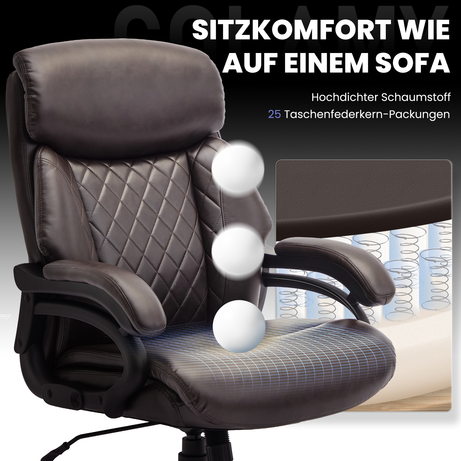 Silla de cuero marrón con asiento acolchado y resortes visibles. Ilustración de confort.