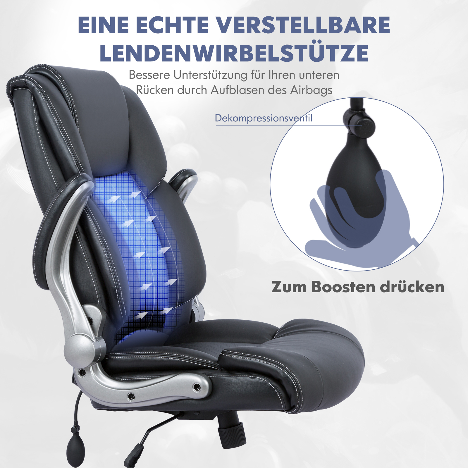 Silla de oficina negra con soporte lumbar, bomba de aire y válvula.
