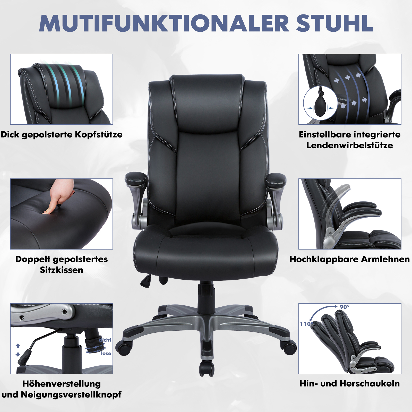Silla de oficina negra con vistas detalladas de reposacabezas, soporte lumbar, asiento, reposabrazos.
