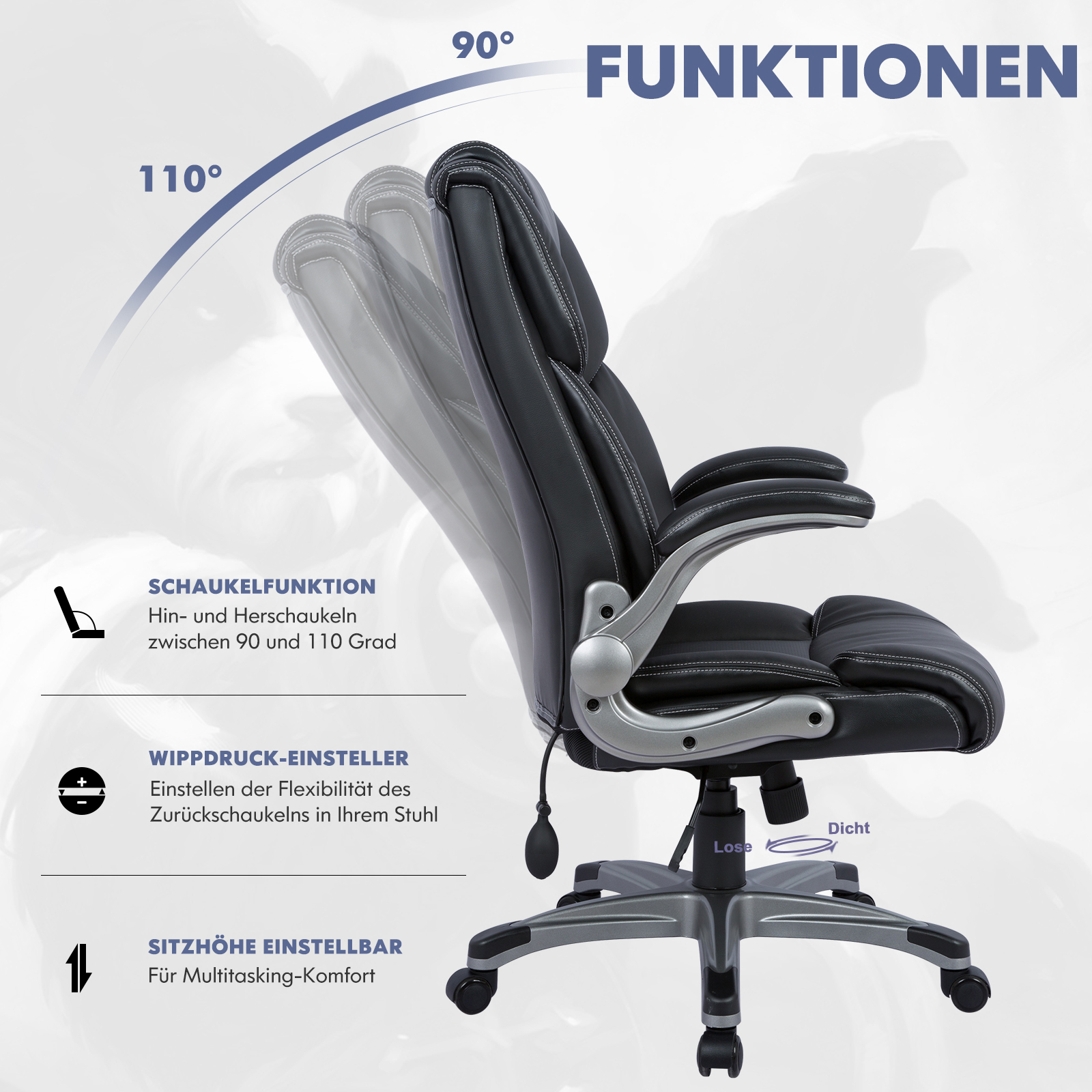Silla de oficina negra con funciones como balanceo, ajuste de inclinación y altura del asiento.