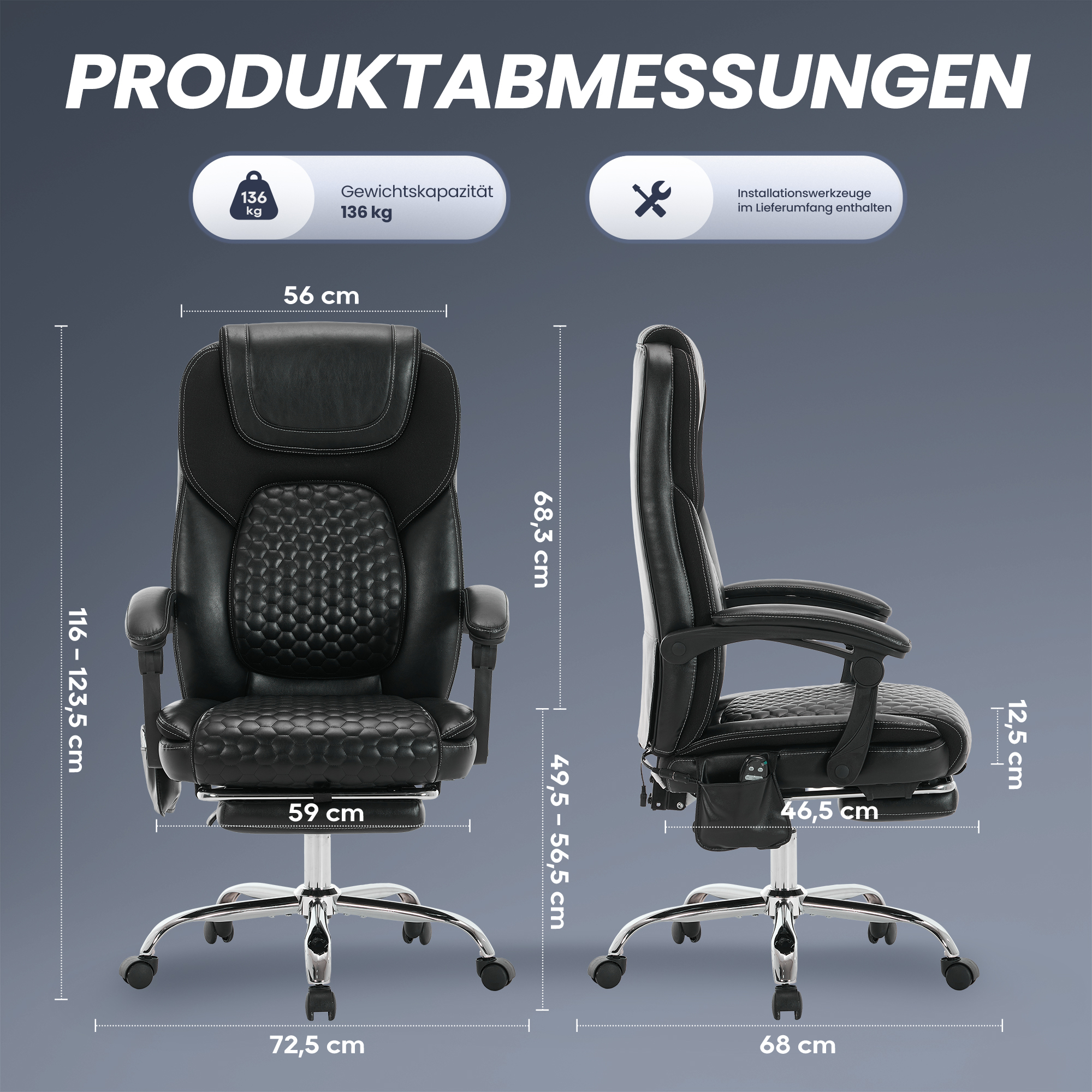 Silla de oficina negra con dimensiones y capacidad de carga de 136 kg.
