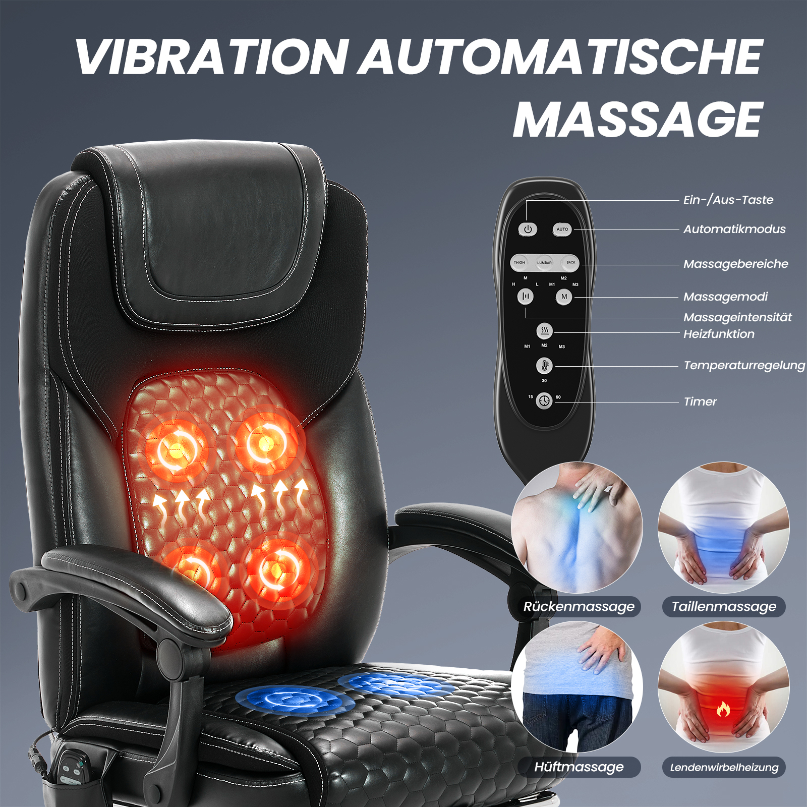 Silla de masaje negra con mando a distancia y función de calefacción.