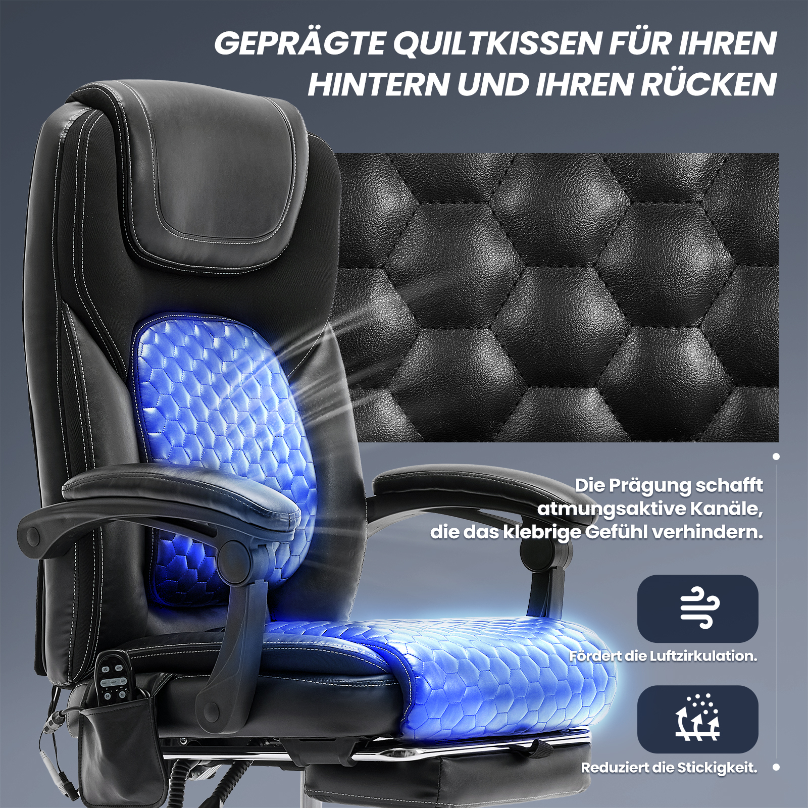 Silla de oficina negra con cojines azules en relieve para asiento y respaldo.
