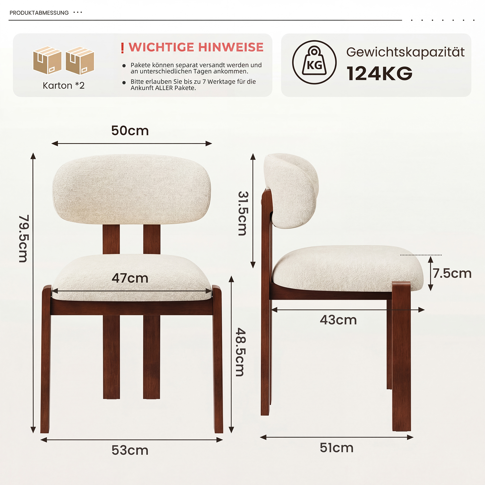 Sedia color chiaro con telaio in legno, dimensioni indicate. Capacità 124 kg.