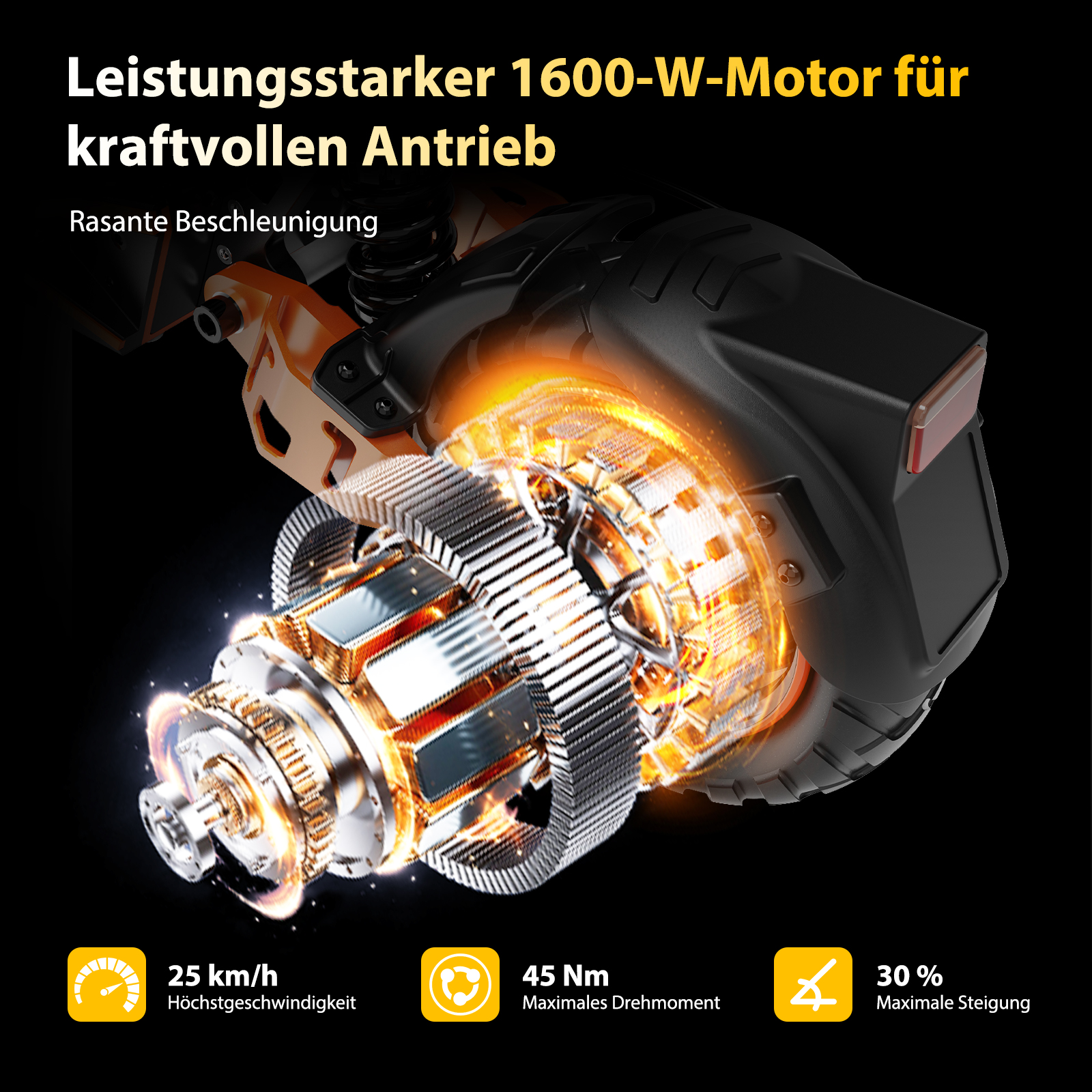 Ein 1600W Motor mit orangefarbenen Akzenten, detailliert.