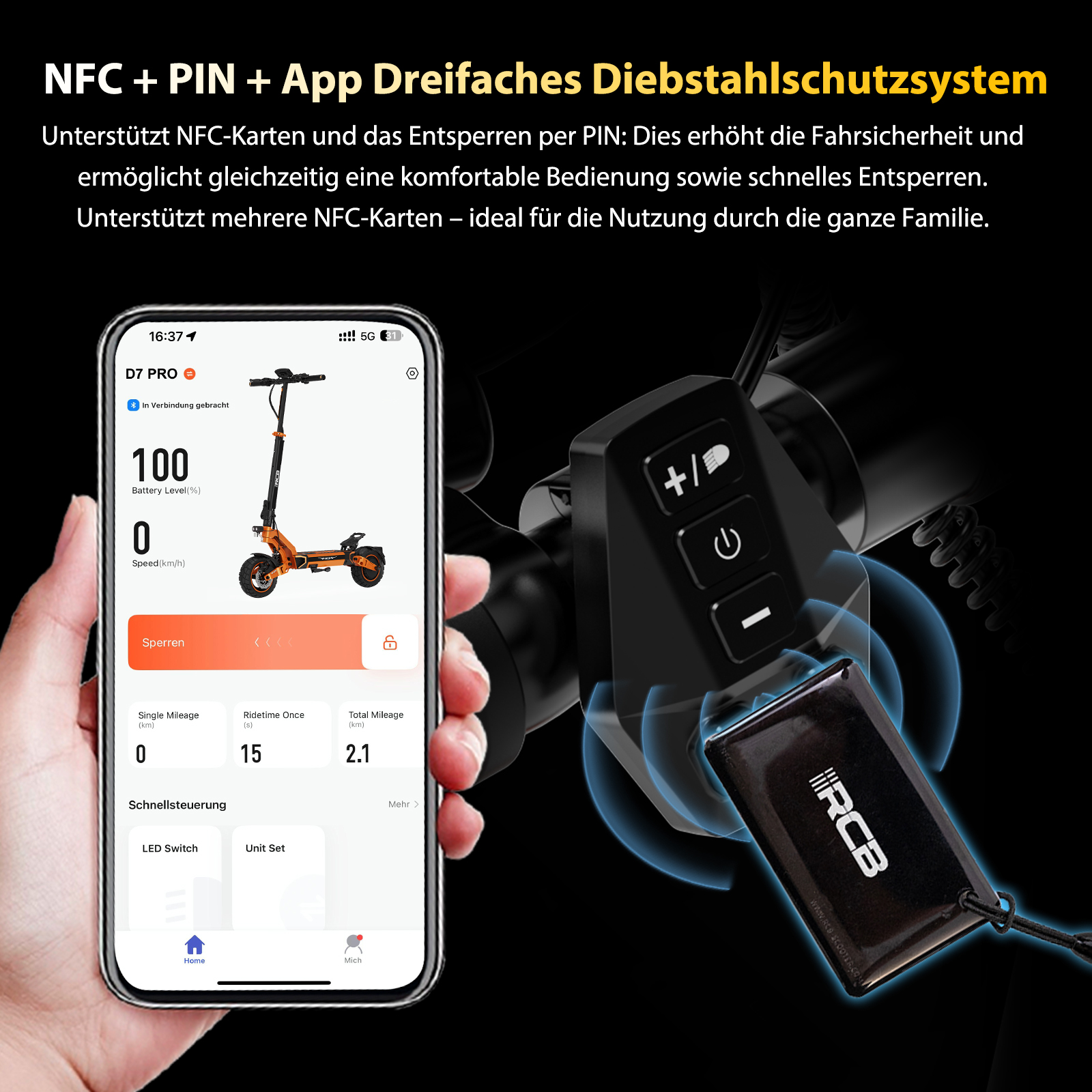 Ein Smartphone zeigt eine App mit einem E-Scooter an. Rechts ist der Lenker mit Tasten und einem NFC-Tag.