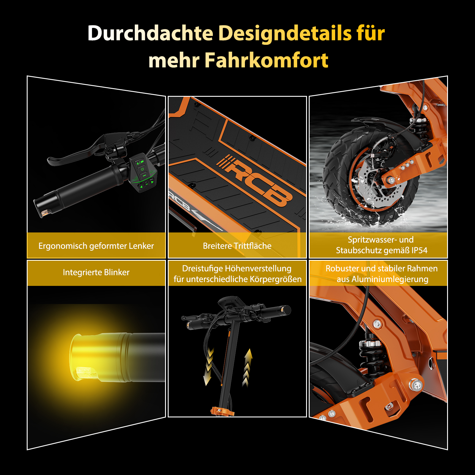 Detailansichten eines orangefarbenen Elektrorollers mit Fokus auf Lenker, Trittfläche, Rad und Rahmen.