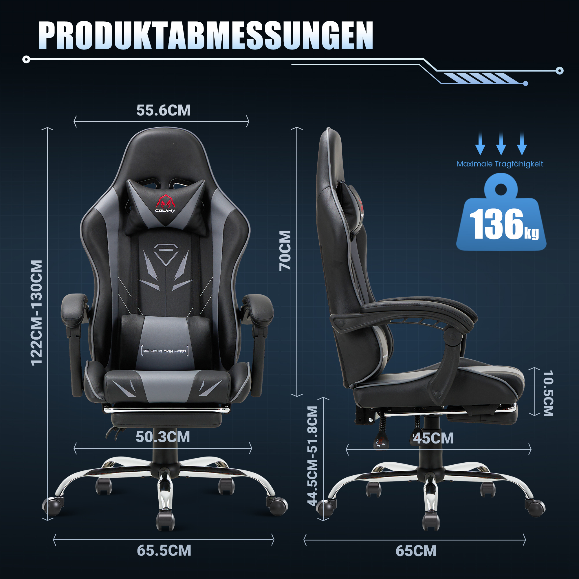 Silla gamer negra y gris con dimensiones y capacidad de carga máxima de 136 kg.
