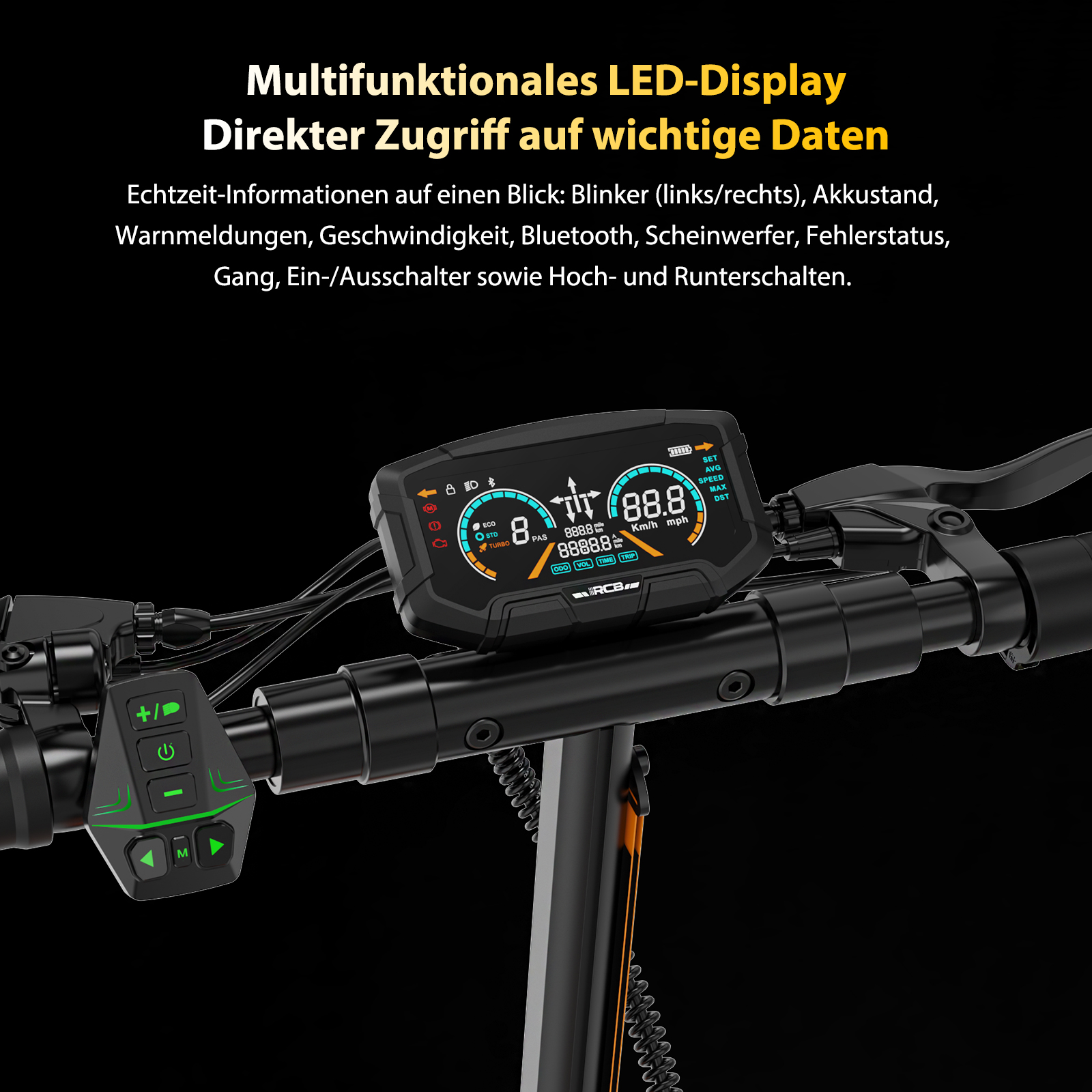 Nahaufnahme des Displays eines Elektrorollers mit Lenker und Bedienelementen.
