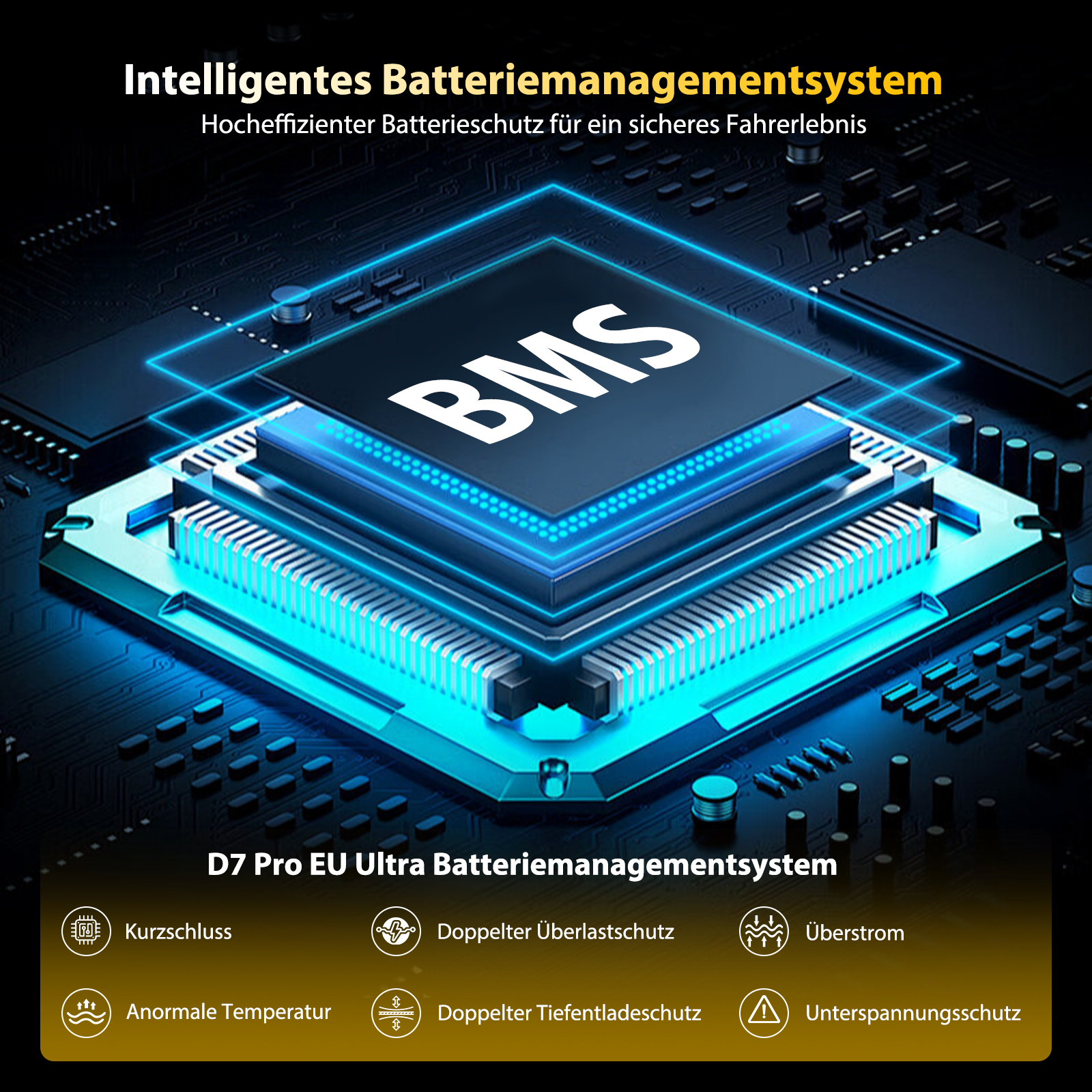 3D-Rendering eines BMS-Chips mit leuchtend blauen Lichtern und Leiterplattendetails.