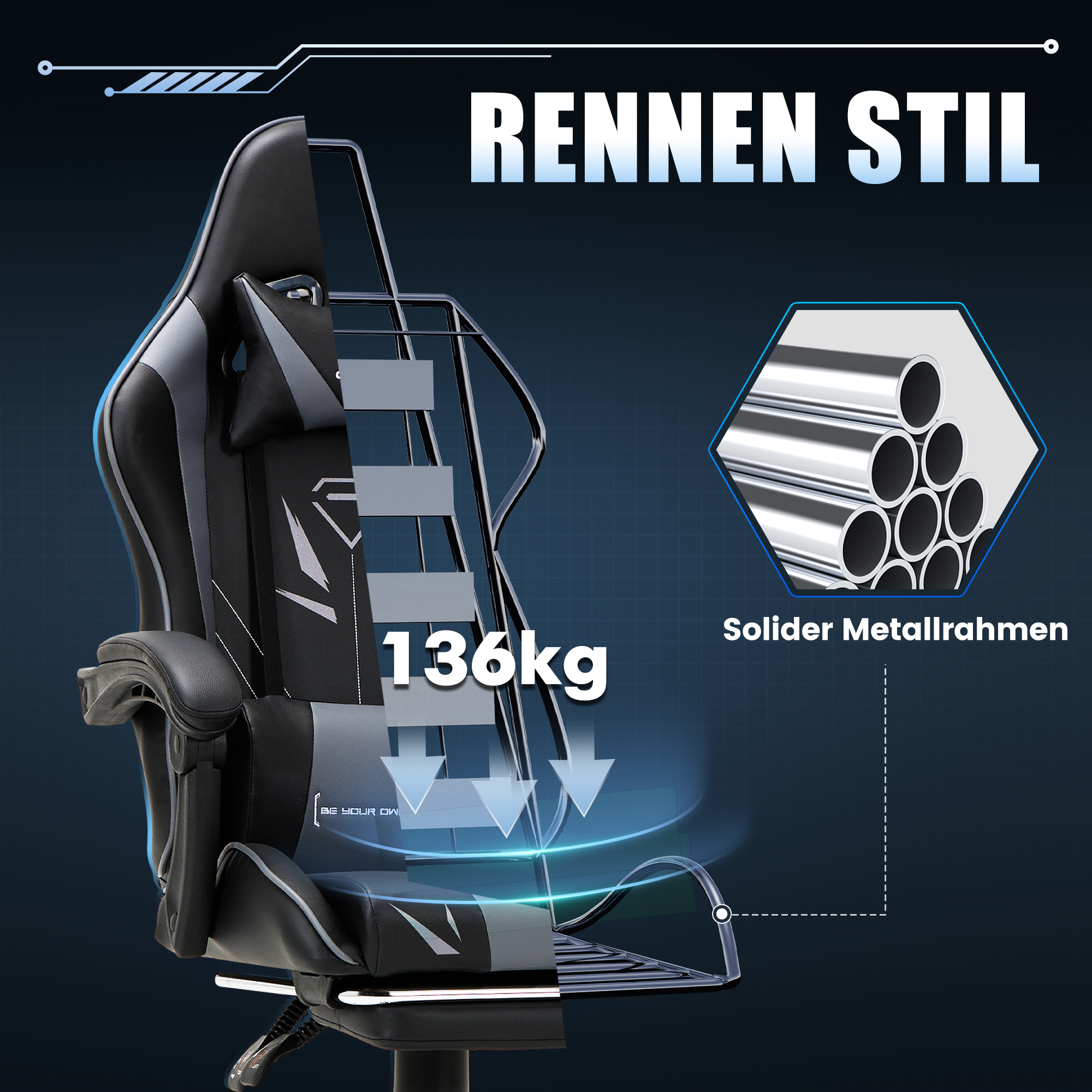 Silla gamer negra con detalles plateados, capacidad 136kg, estructura metálica.